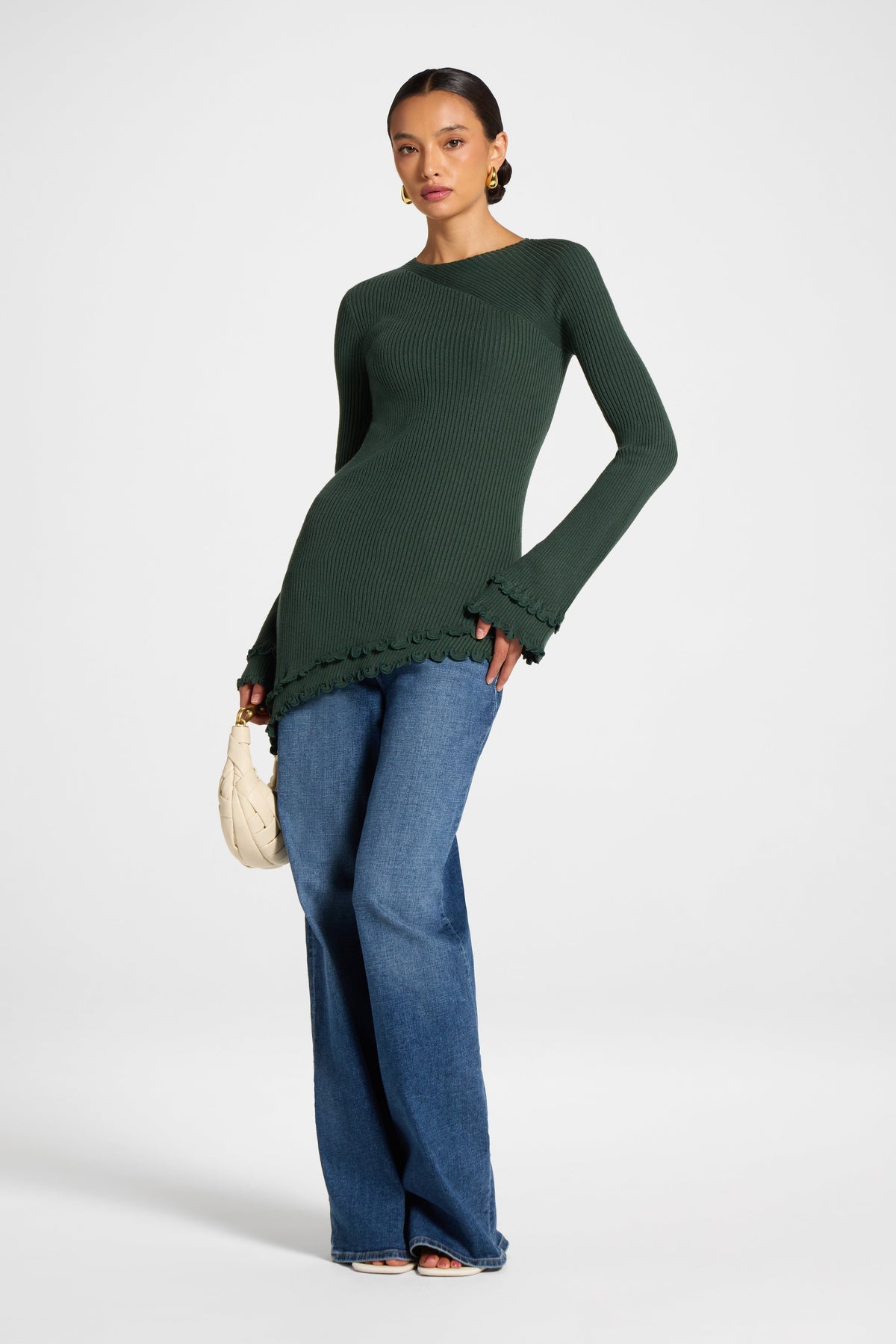 Asymmetric Ruffle Hem Knit Top - Forest Veiled 