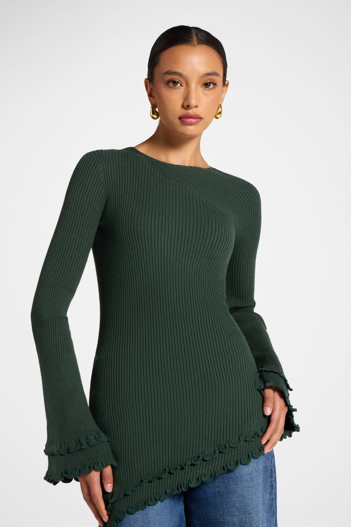 Asymmetric Ruffle Hem Knit Top - Forest Veiled 