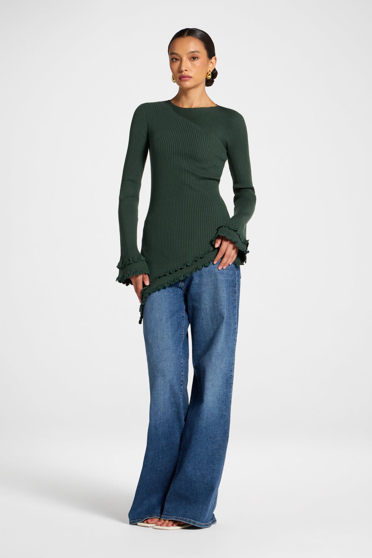 Asymmetric Ruffle Hem Knit Top - Forest Veiled 