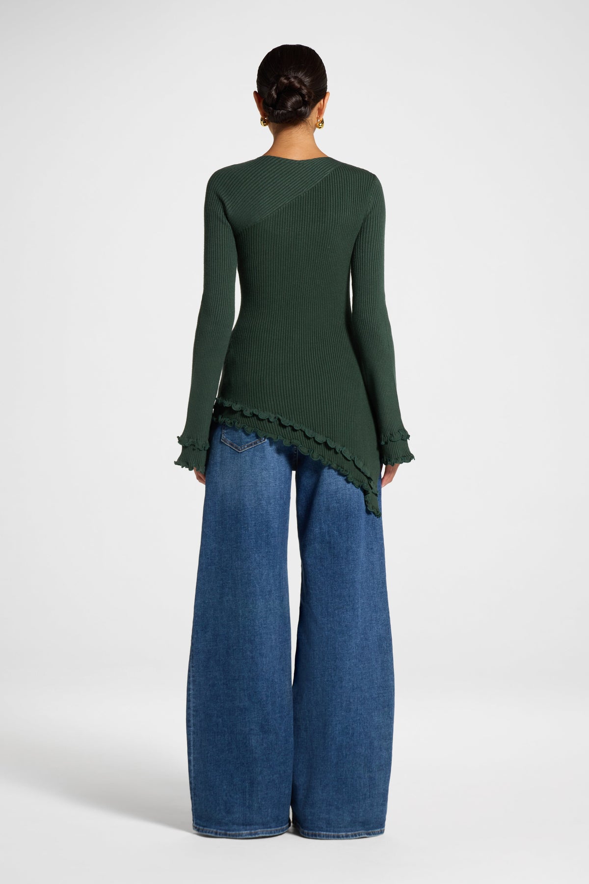 Asymmetric Ruffle Hem Knit Top - Forest Veiled 