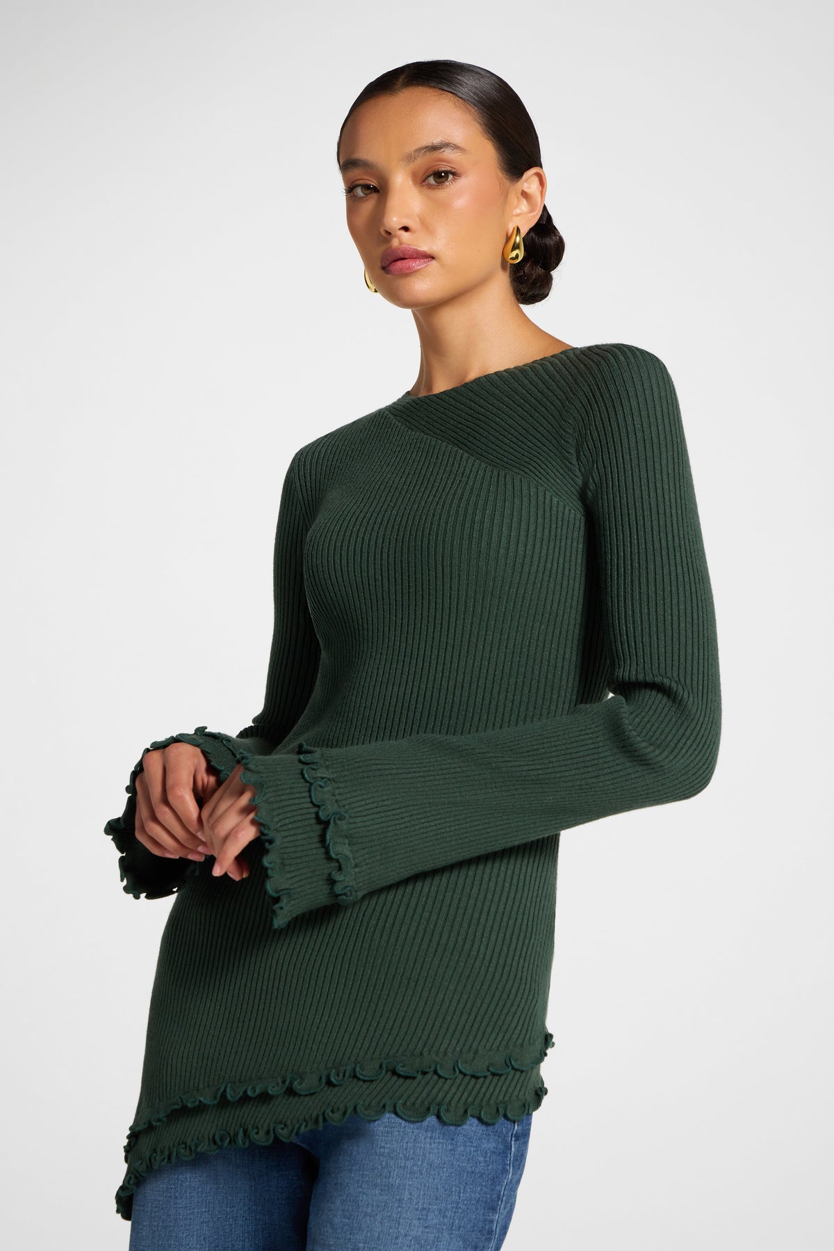 Asymmetric Ruffle Hem Knit Top - Forest Veiled 