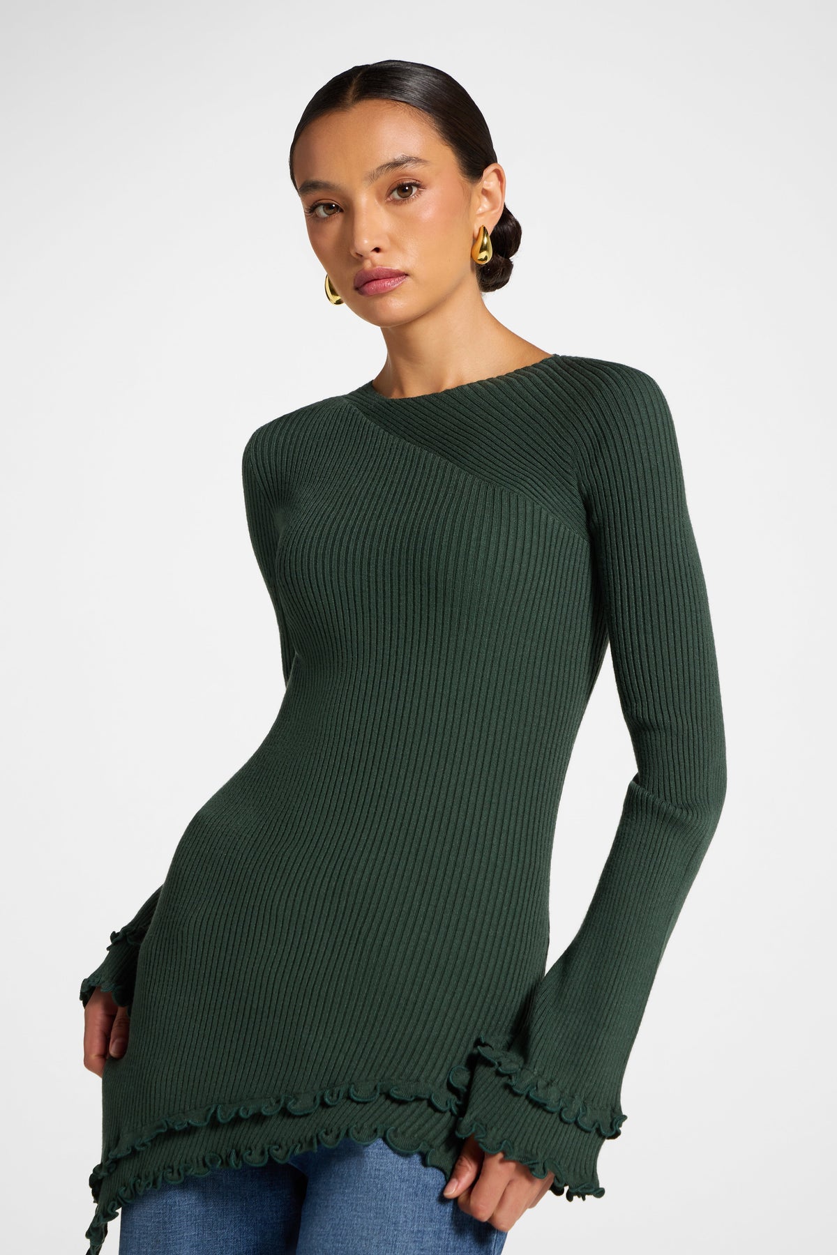 Asymmetric Ruffle Hem Knit Top - Forest Veiled 