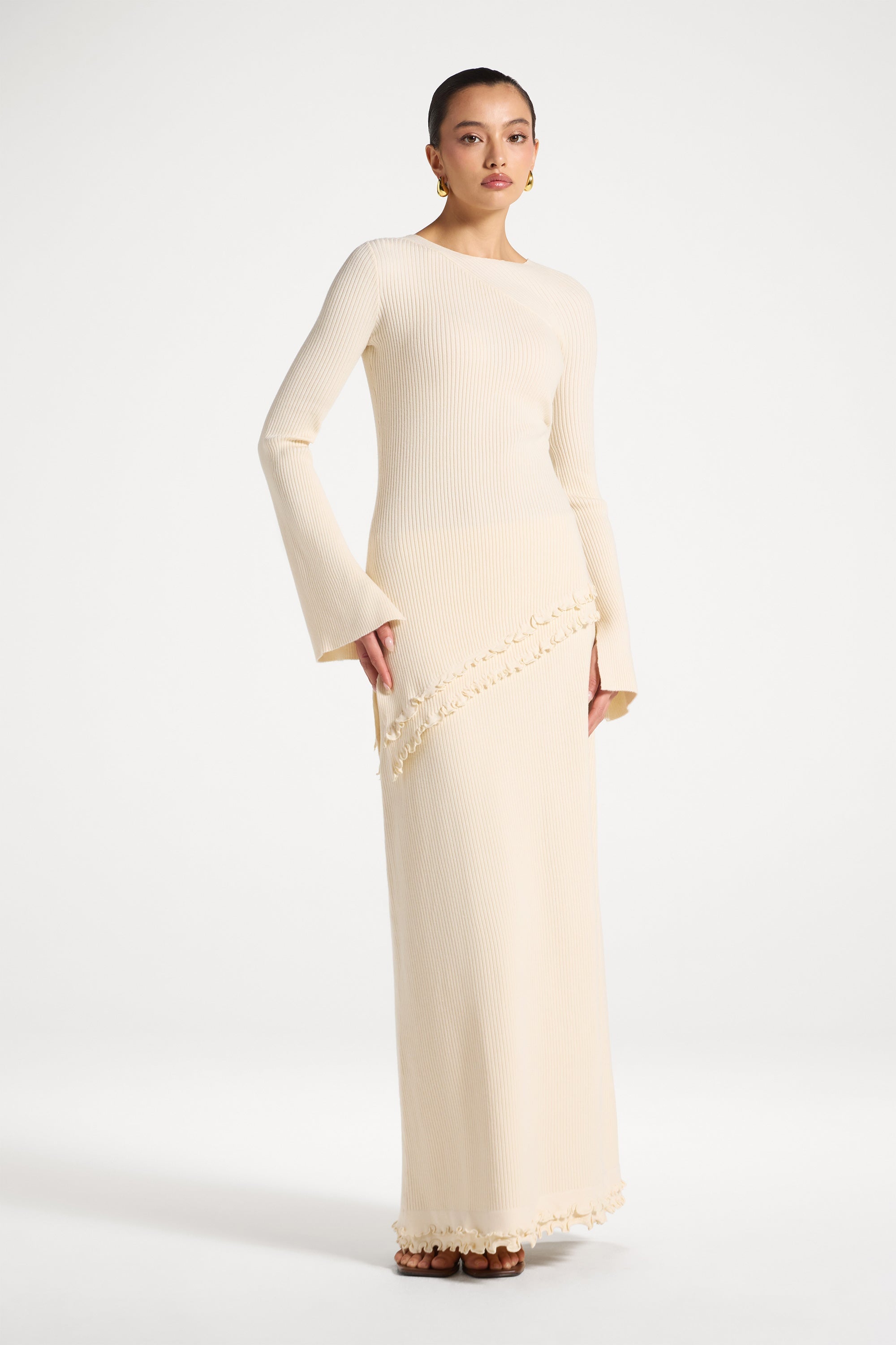 Asymmetric Ruffle Hem Knit Top - Ivory Abayas Veiled 