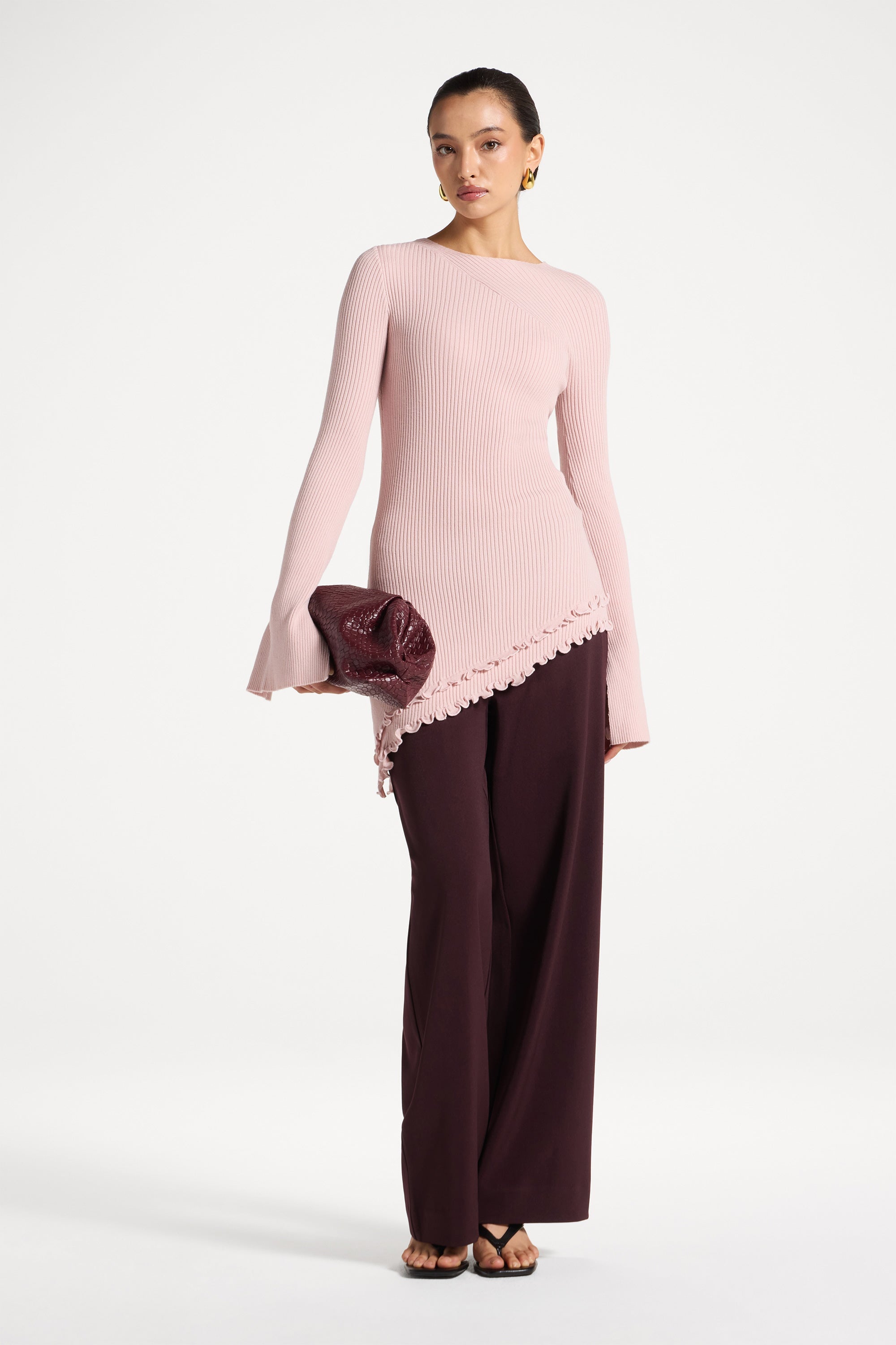 Asymmetric Ruffle Hem Knit Top - Pink Frost Abayas Veiled 