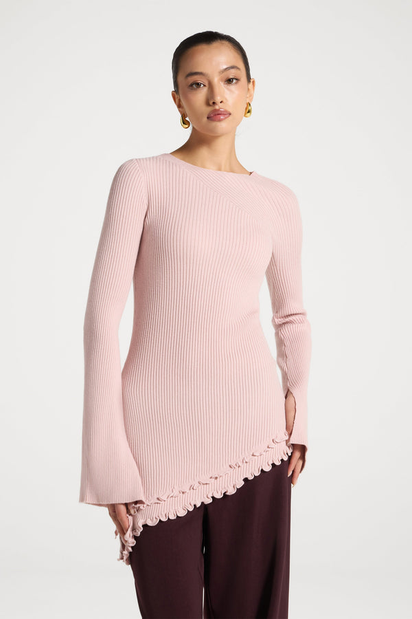 Asymmetric Ruffle Hem Knit Top - Pink Frost Abayas Veiled 