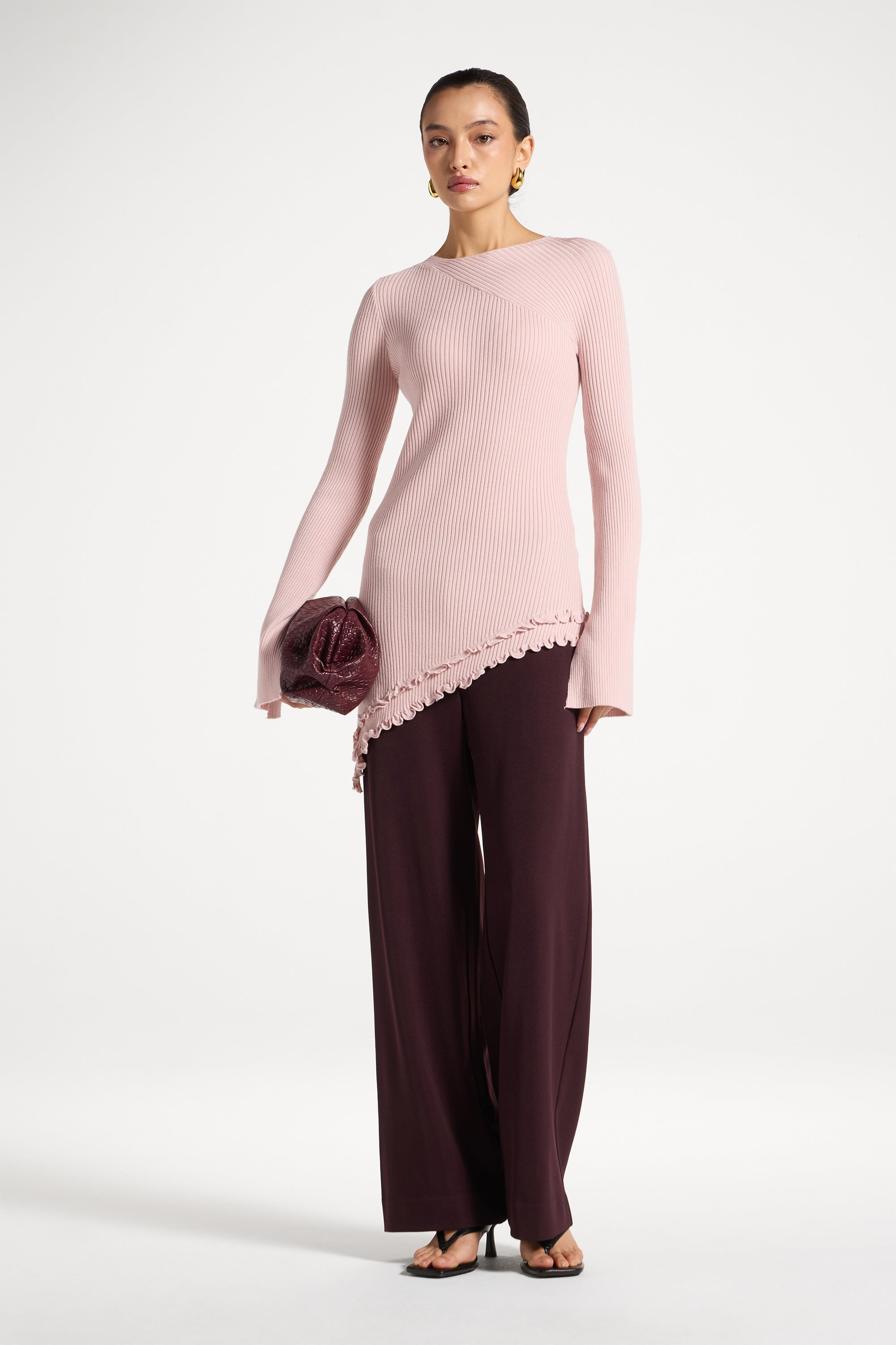 Asymmetric Ruffle Hem Knit Top - Pink Frost Abayas Veiled 