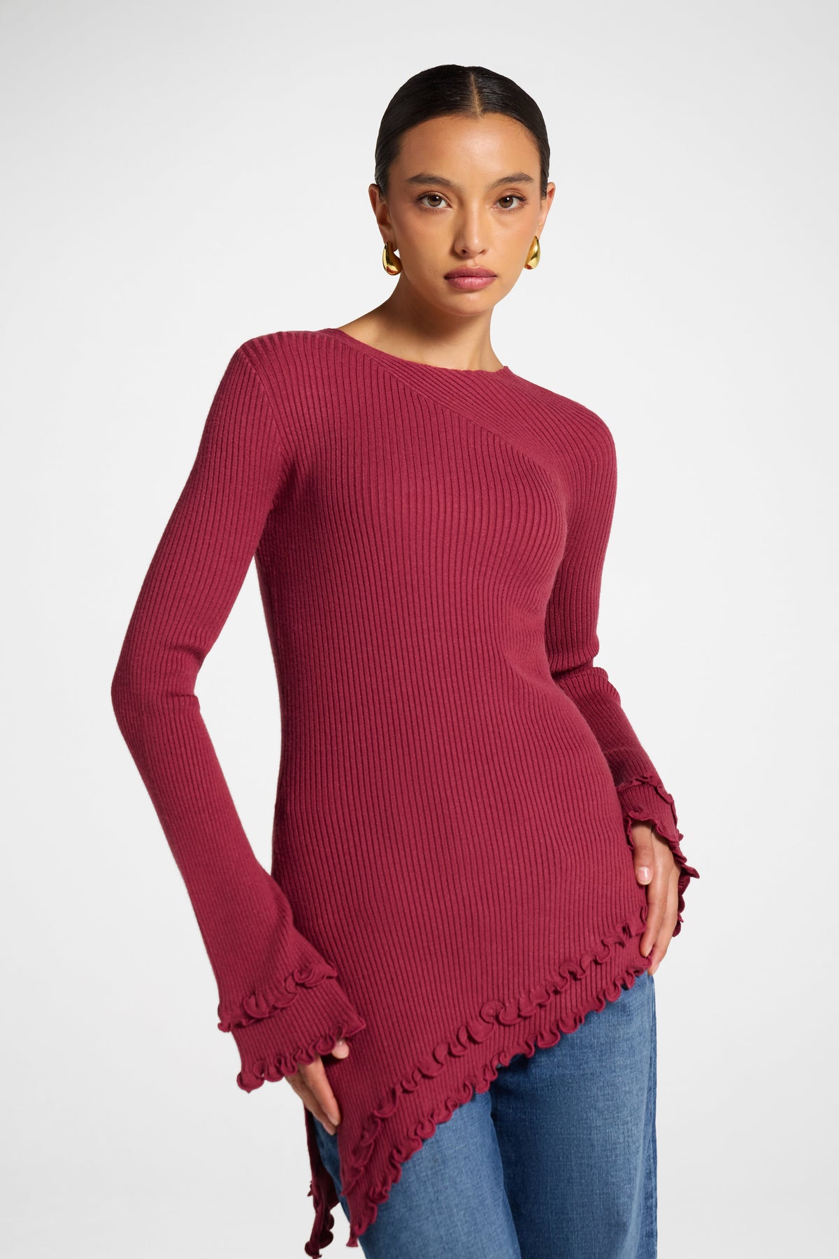 Asymmetric Ruffle Hem Knit Top - Raspberry Veiled 