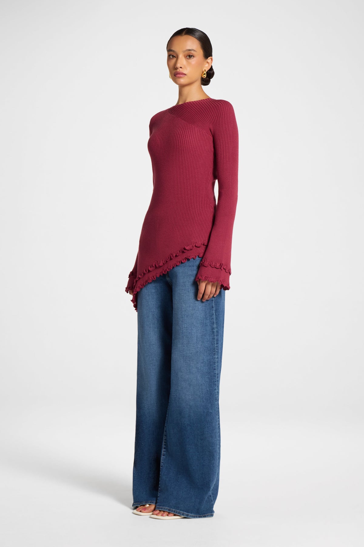 Asymmetric Ruffle Hem Knit Top - Raspberry Veiled 