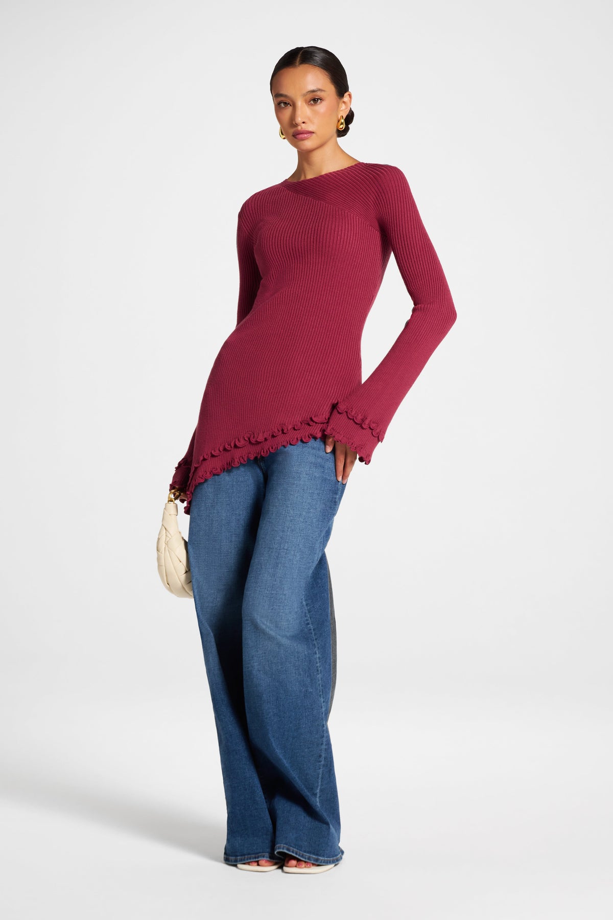 Asymmetric Ruffle Hem Knit Top - Raspberry Veiled 