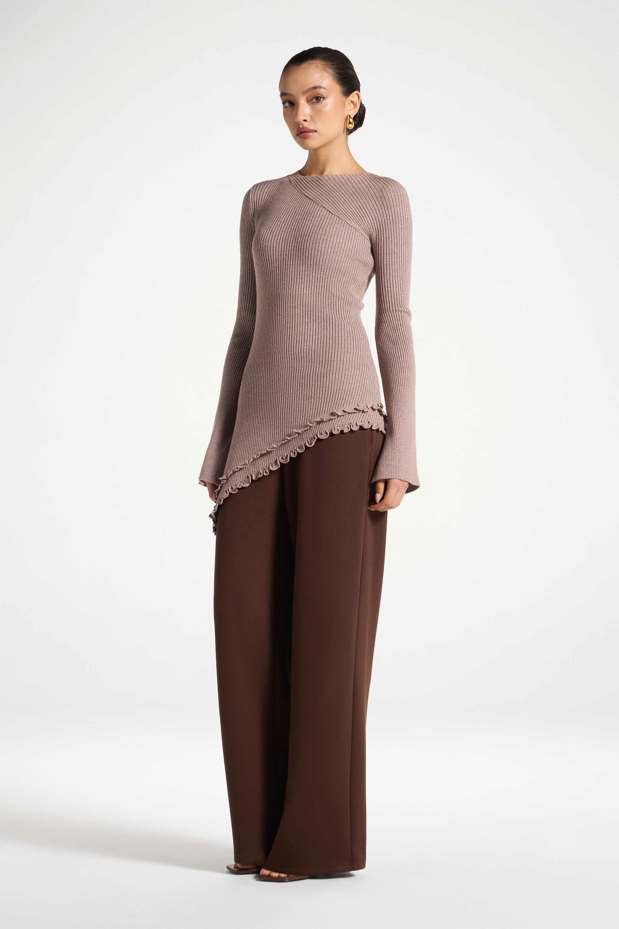 Asymmetric Ruffle Hem Knit Top - Taupe Abayas Veiled 