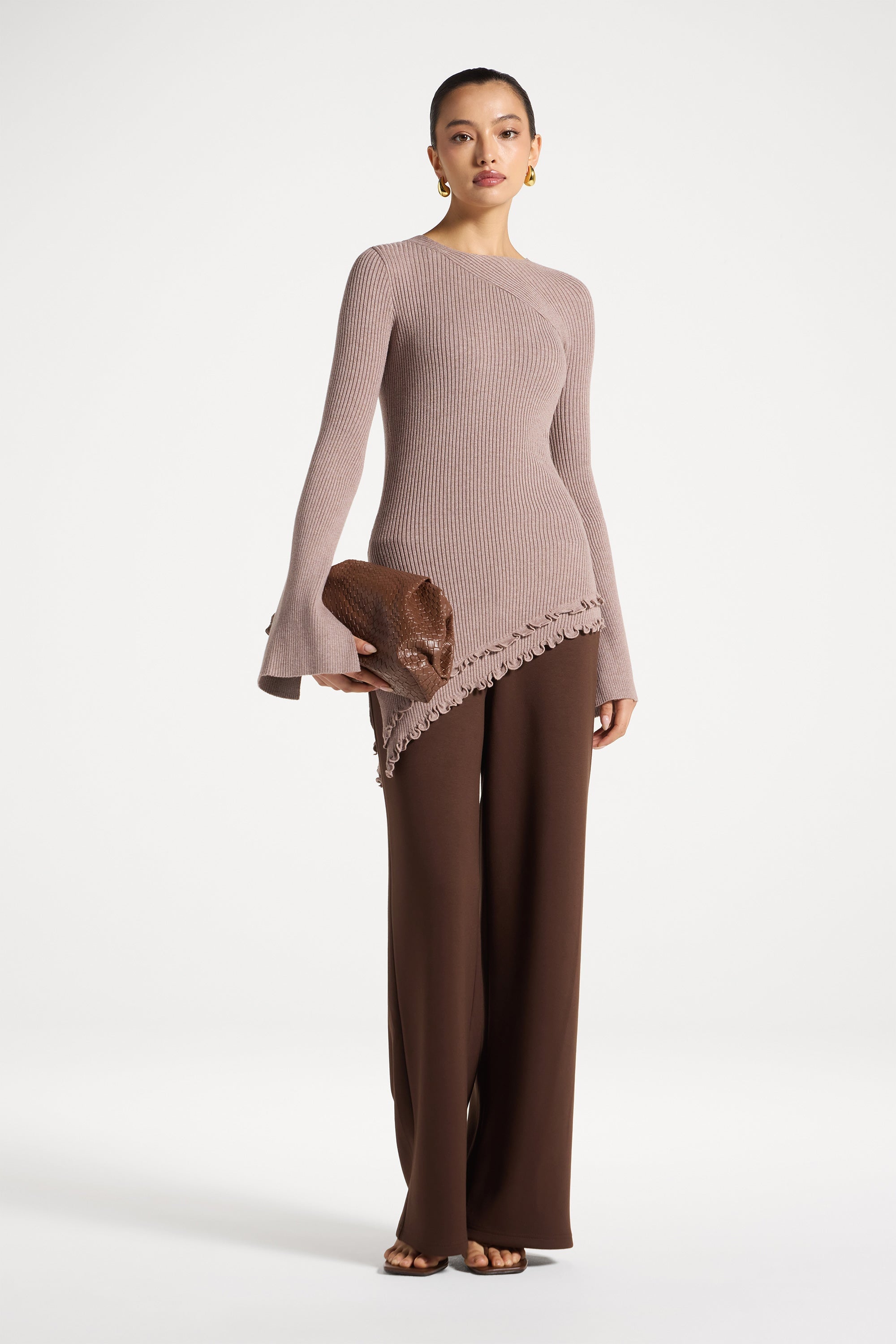 Asymmetric Ruffle Hem Knit Top - Taupe Abayas Veiled 