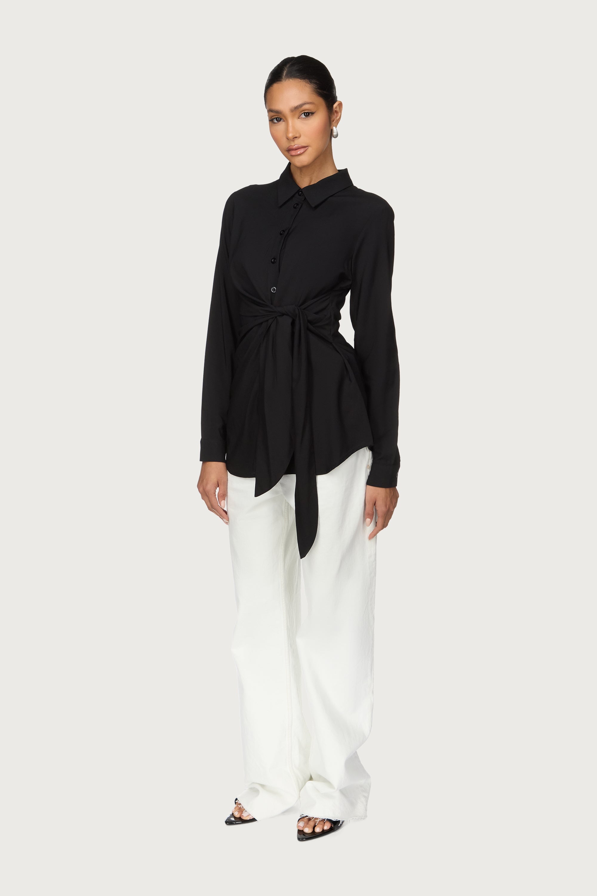Asymmetric Side Tie Button Down Top - Black Abayas Veiled 