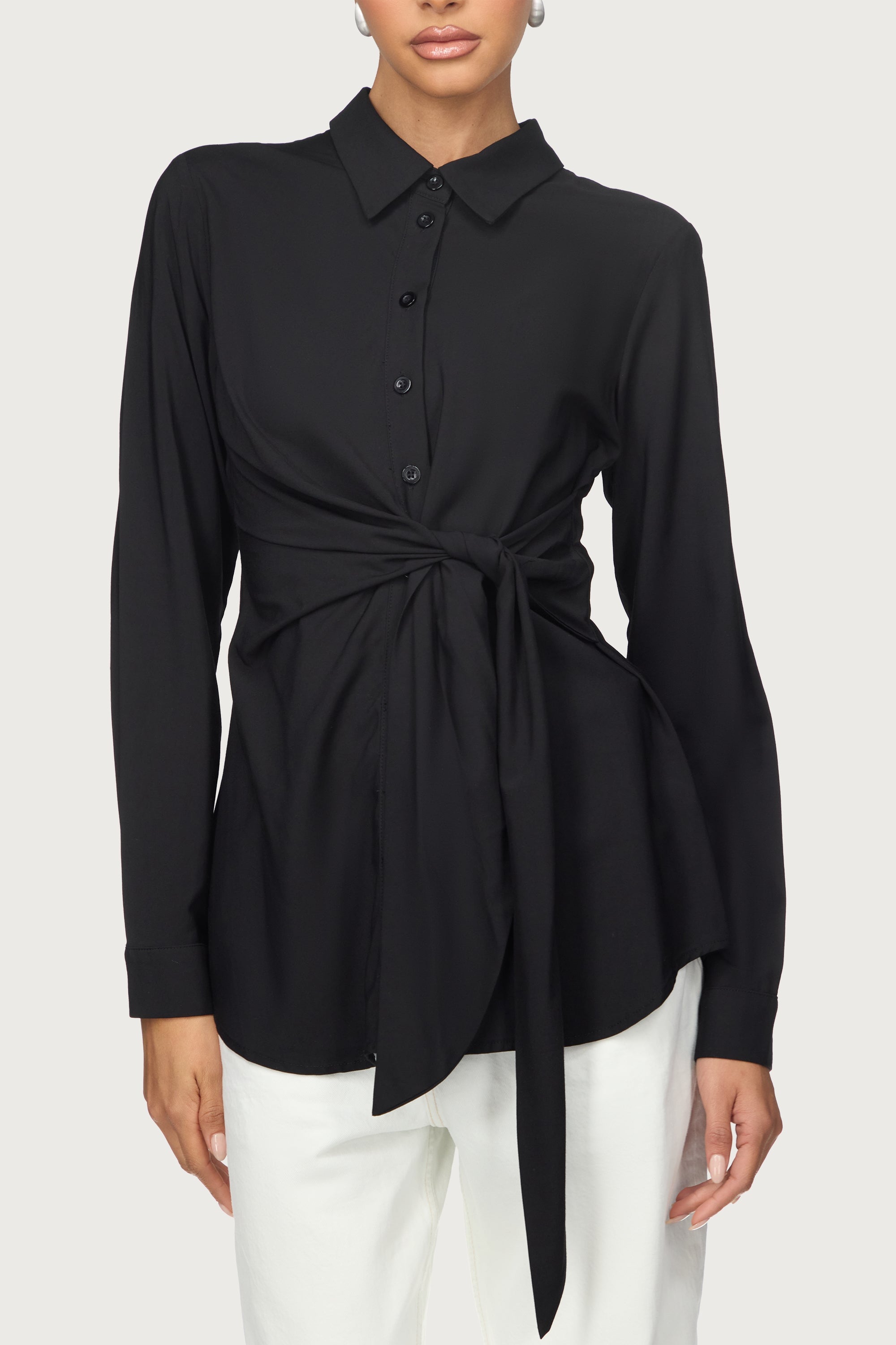 Asymmetric Side Tie Button Down Top - Black Abayas Veiled 