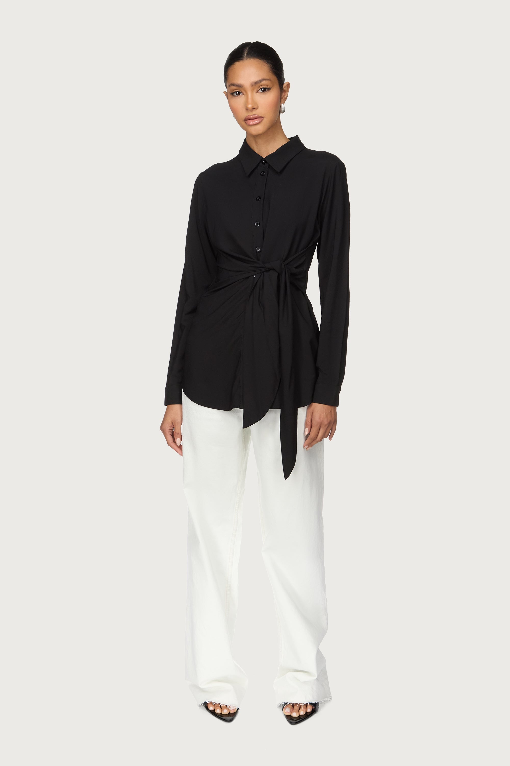 Asymmetric Side Tie Button Down Top - Black Abayas Veiled 