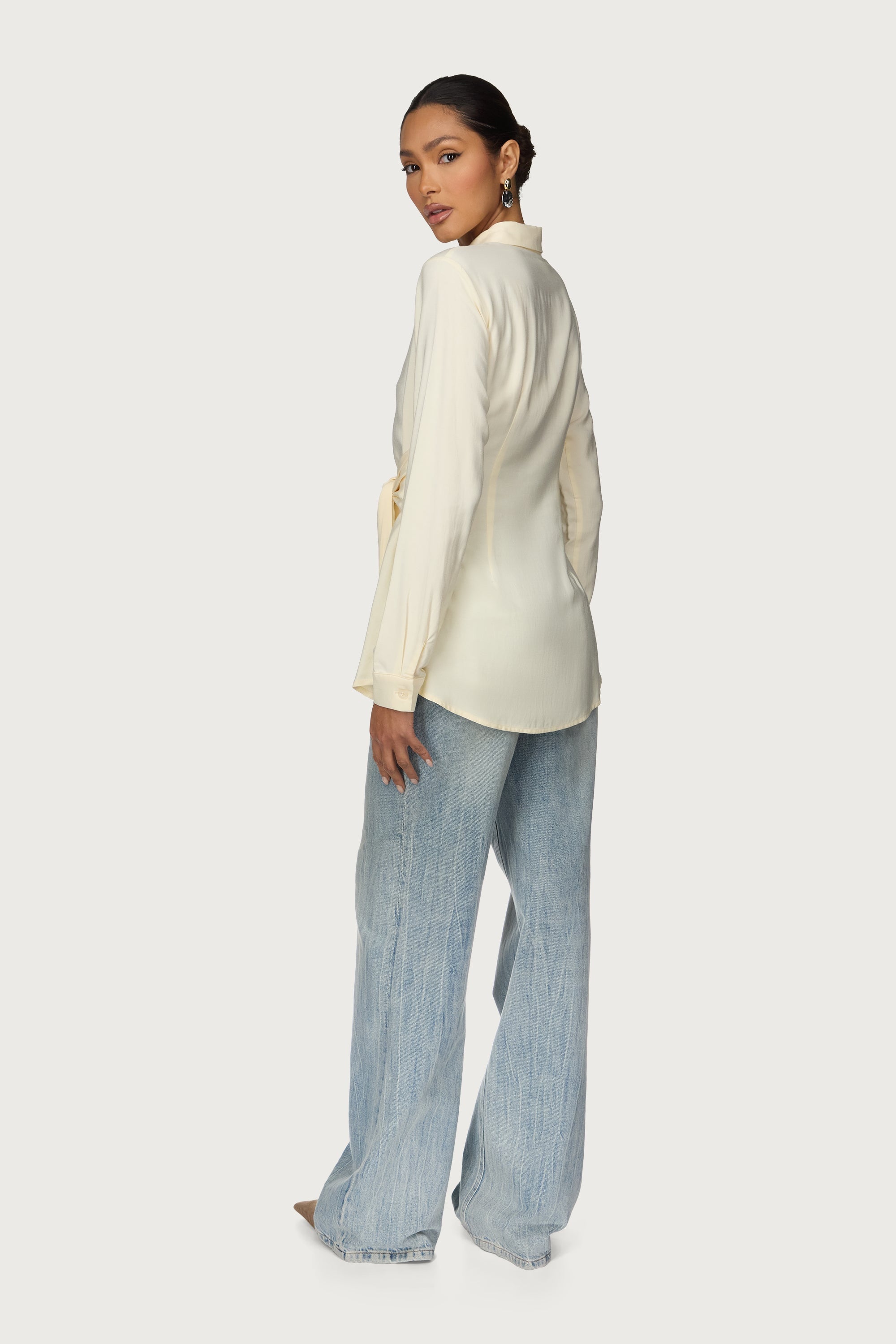 Asymmetric Side Tie Button Down Top - Bone Abayas Veiled 