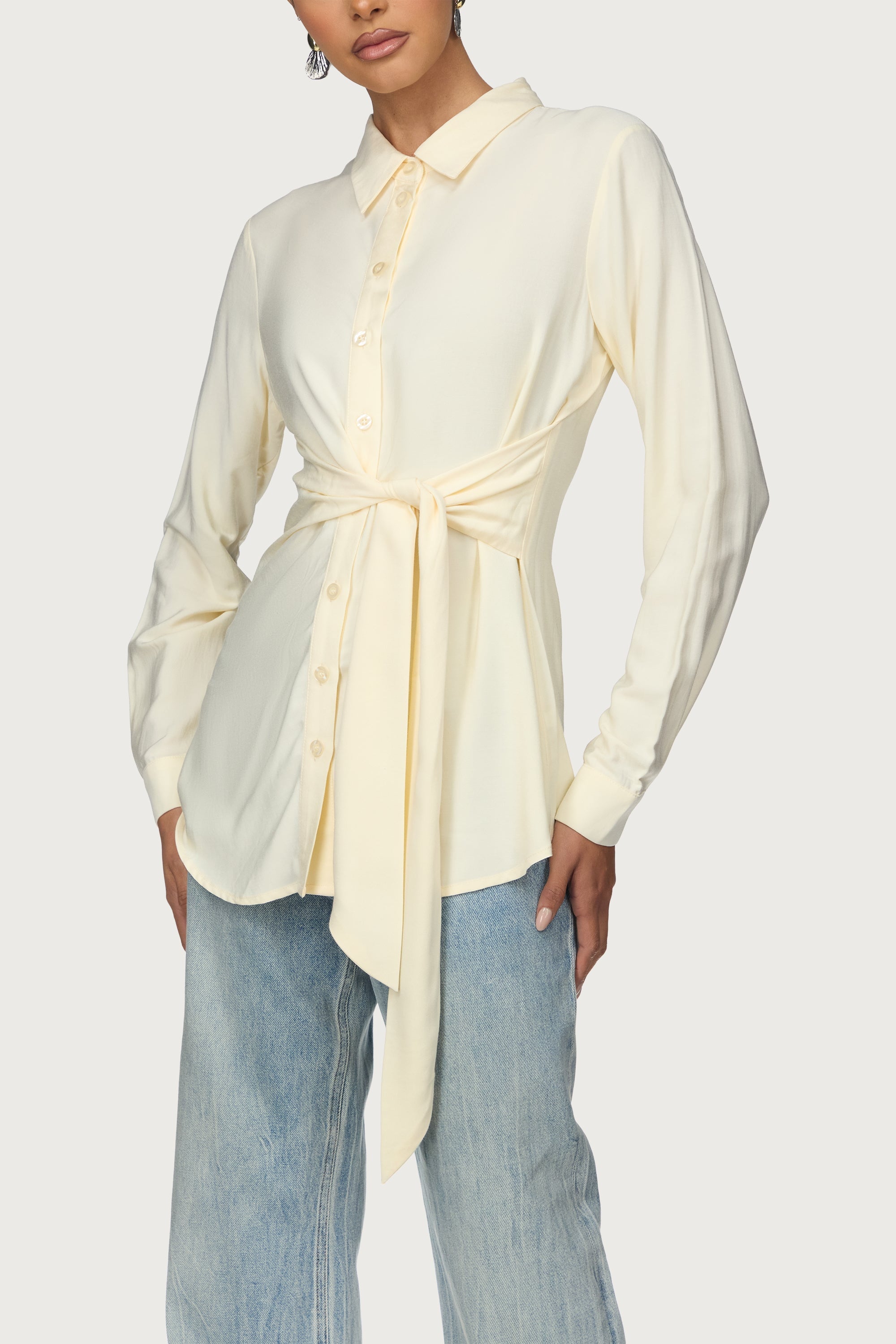 Asymmetric Side Tie Button Down Top - Bone Abayas Veiled 