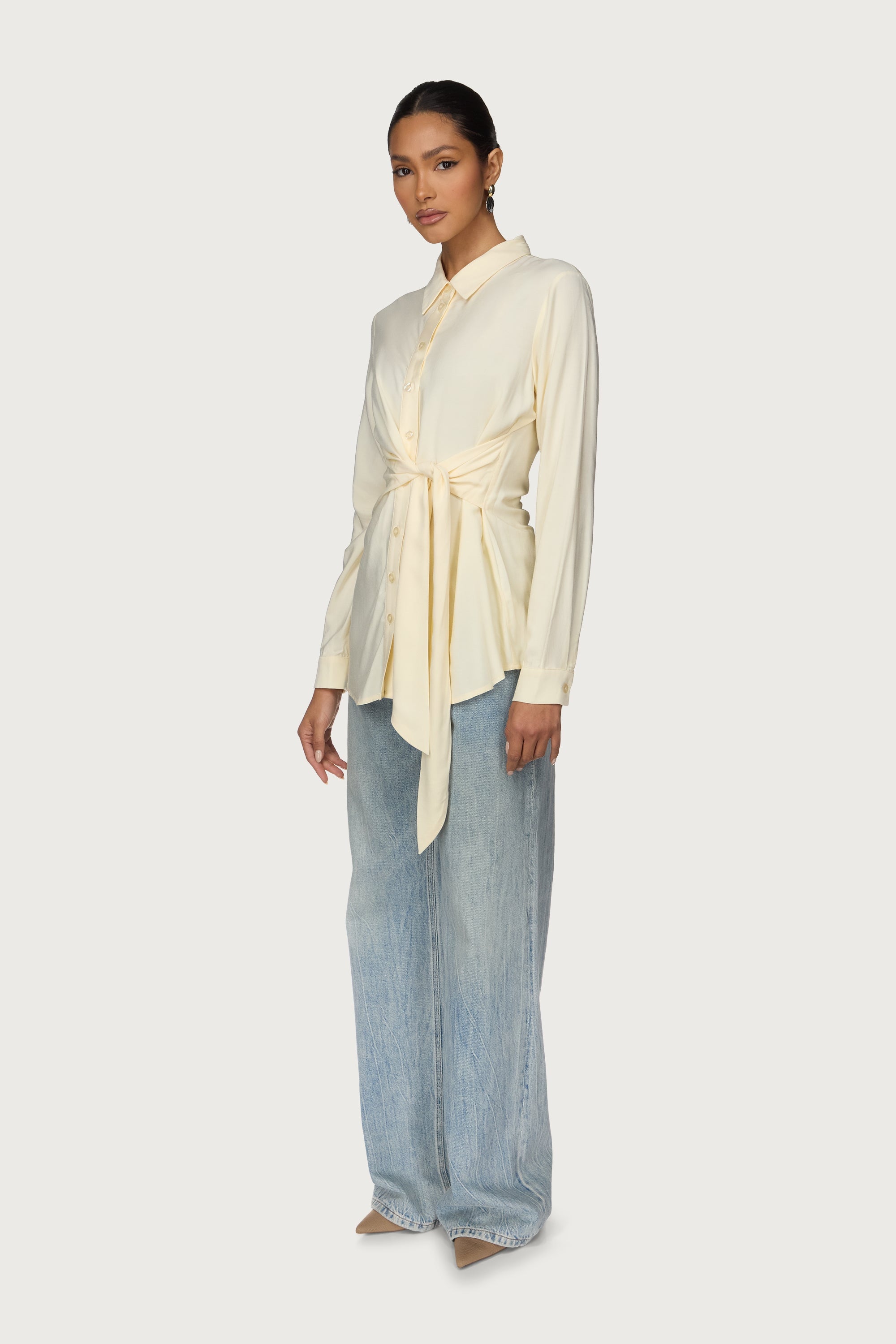 Asymmetric Side Tie Button Down Top - Bone Abayas Veiled 