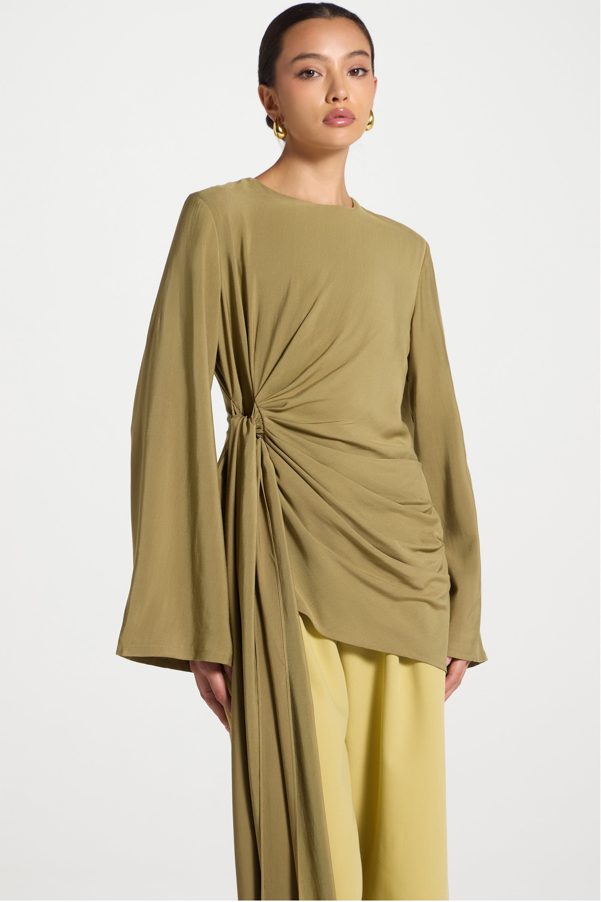 Asymmetric Side Tie Top - Olive Dresses Veiled 