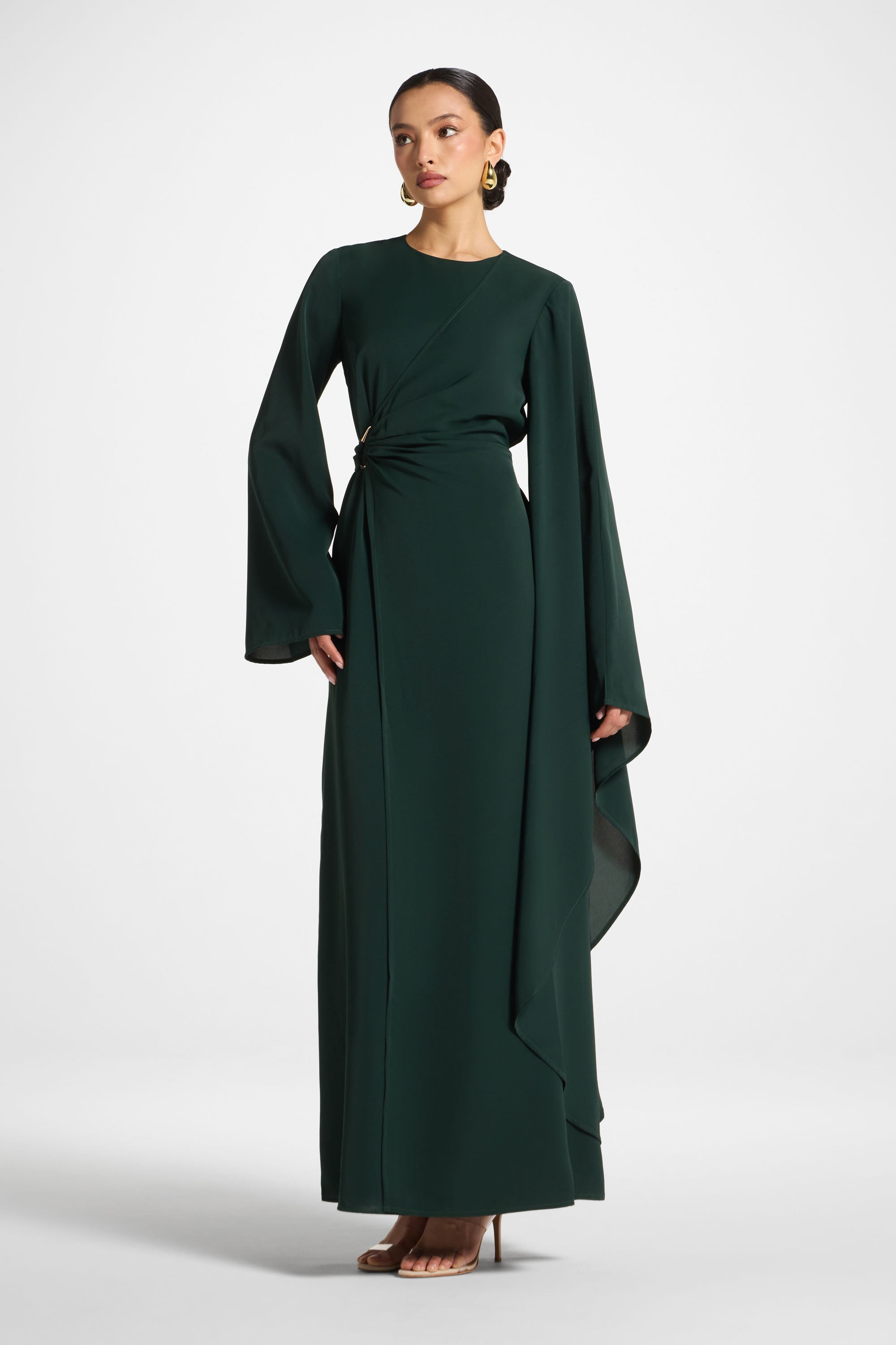 Asymmetric Sleeve Maxi Dress - Emerald Abayas Veiled 