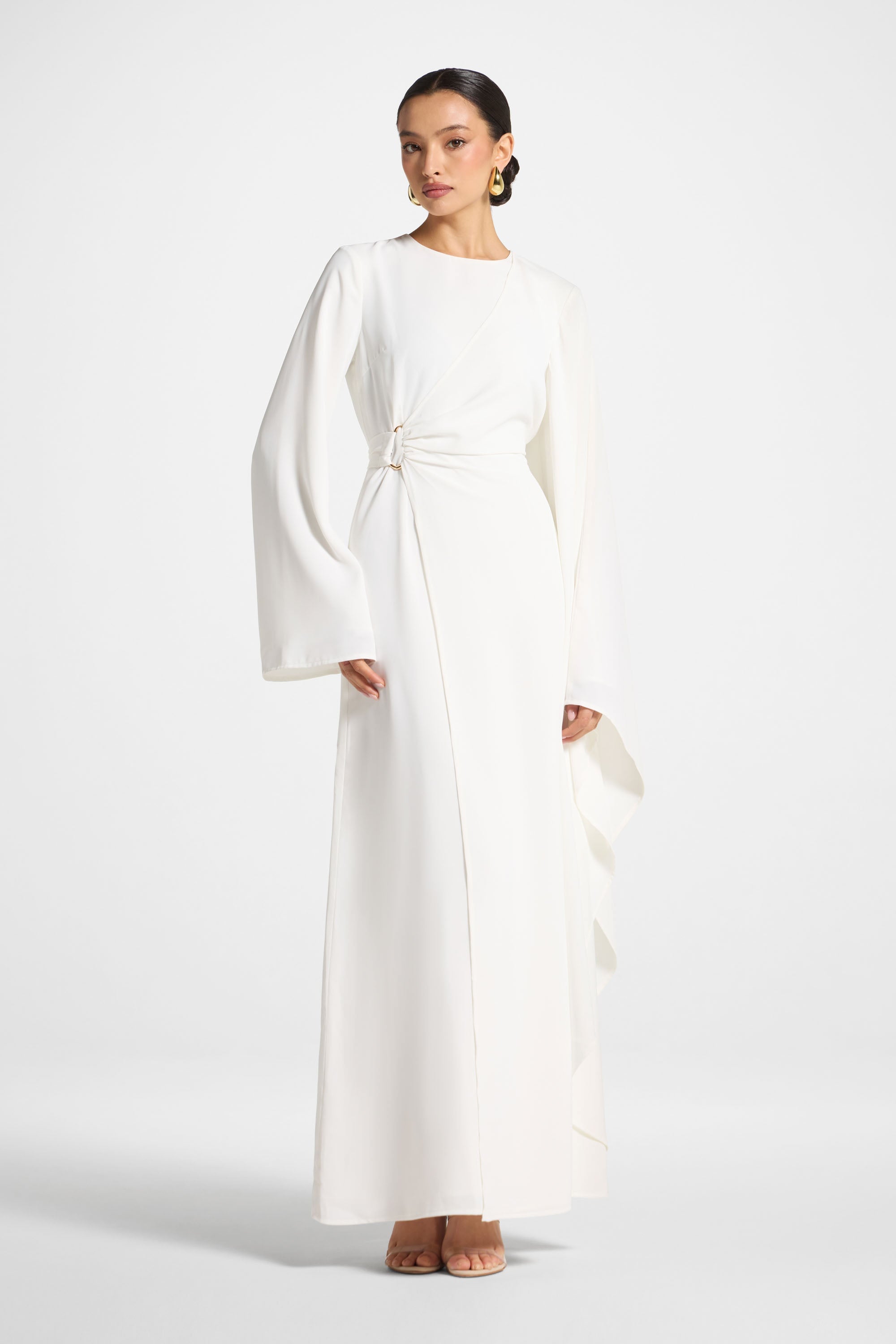 Asymmetric Sleeve Maxi Dress - White Abayas Veiled 