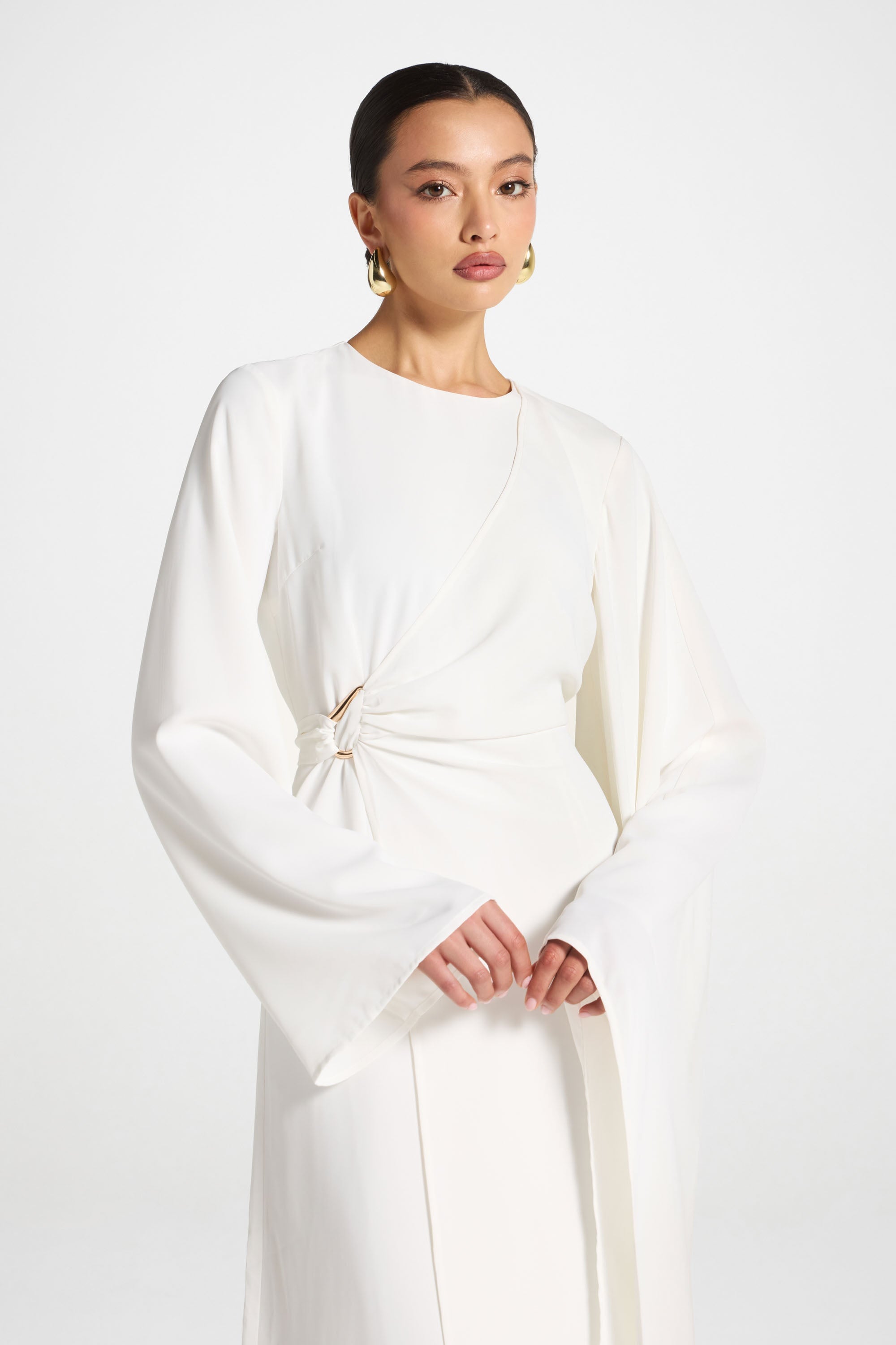 Asymmetric Sleeve Maxi Dress - White Abayas Veiled 