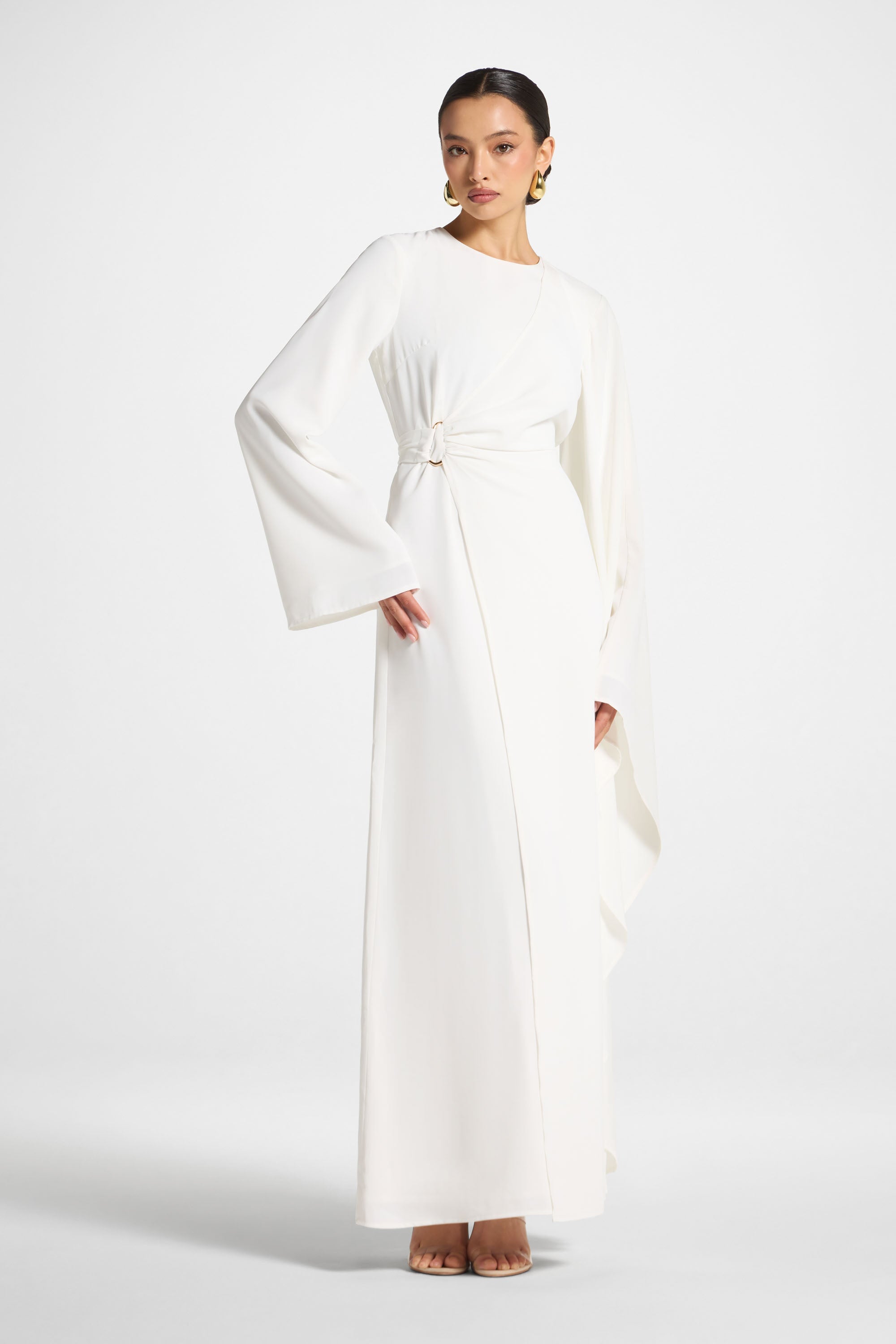 Asymmetric Sleeve Maxi Dress - White Abayas Veiled 