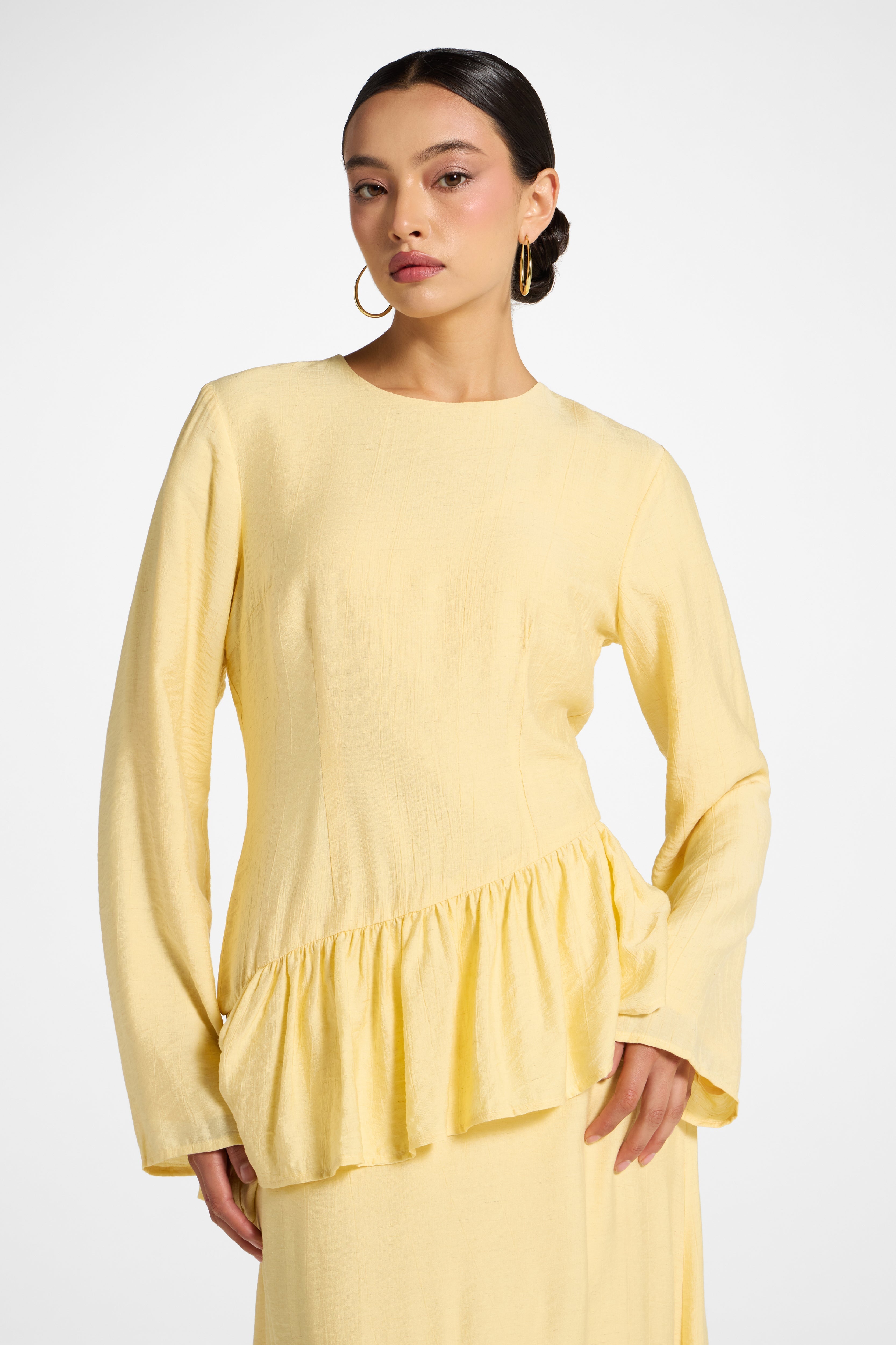 Asymmetric Textured Ruffle Top - Banana Abayas Veiled 