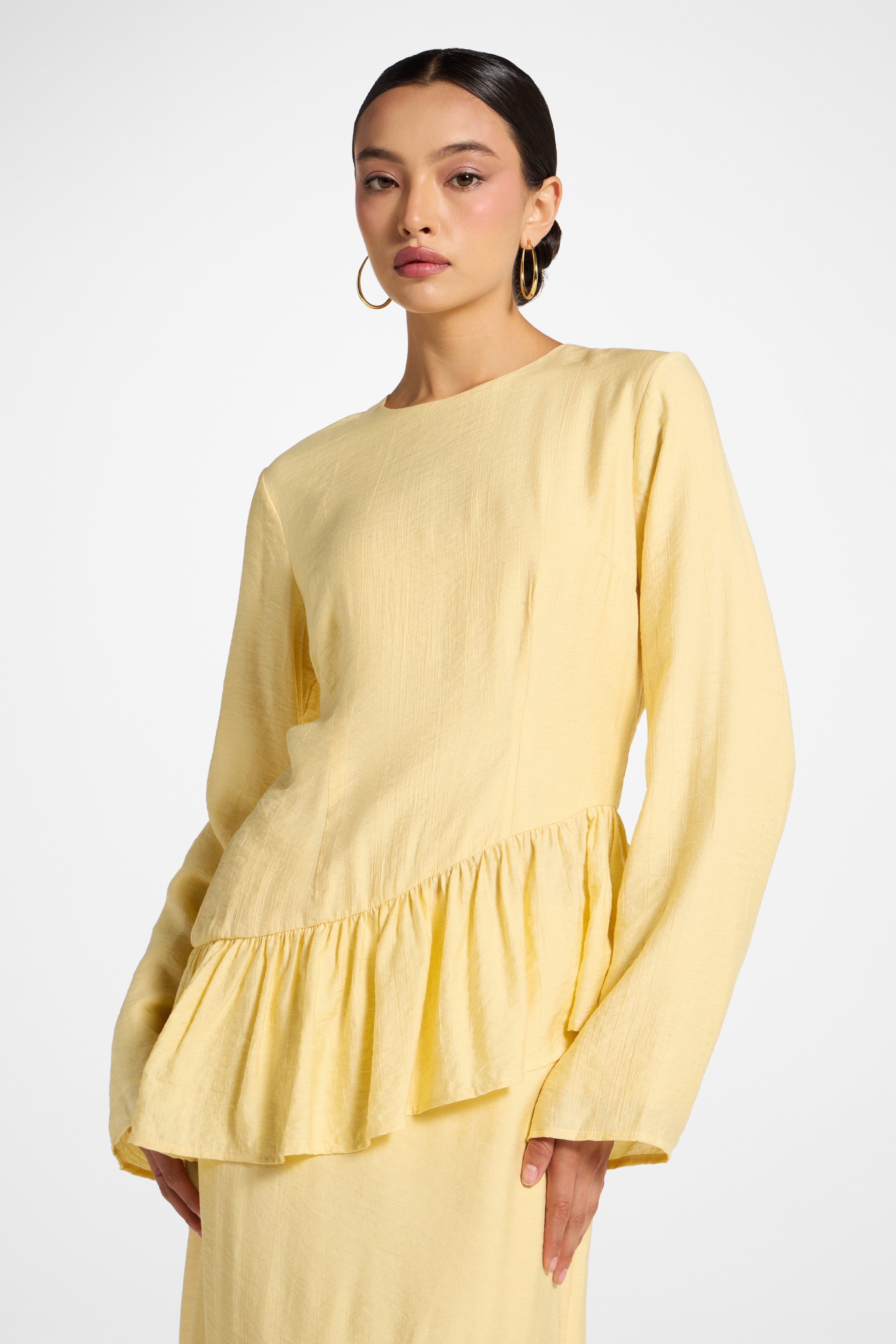 Asymmetric Textured Ruffle Top - Banana Abayas Veiled 