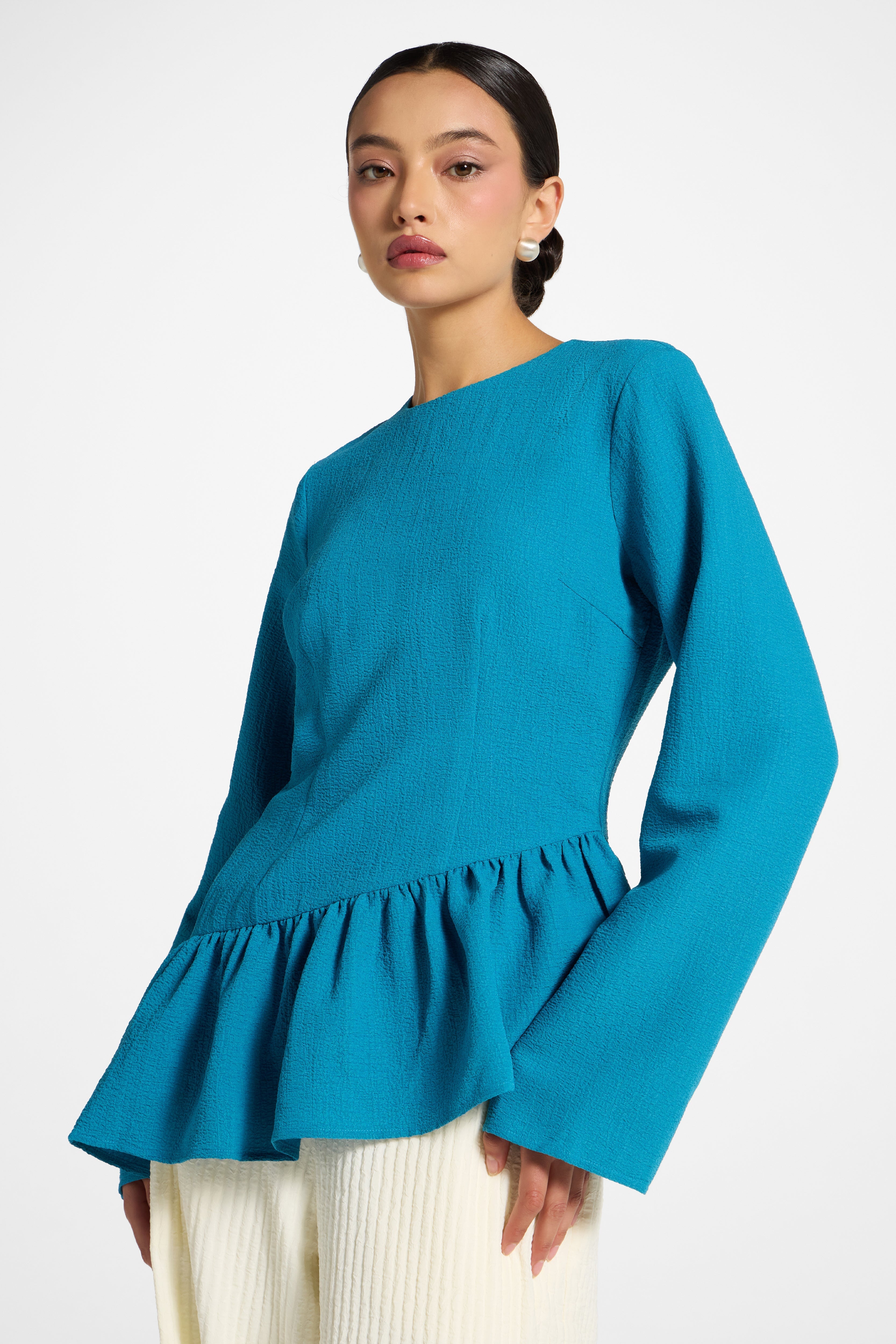 Asymmetric Textured Ruffle Top - Cerulean Abayas Veiled 