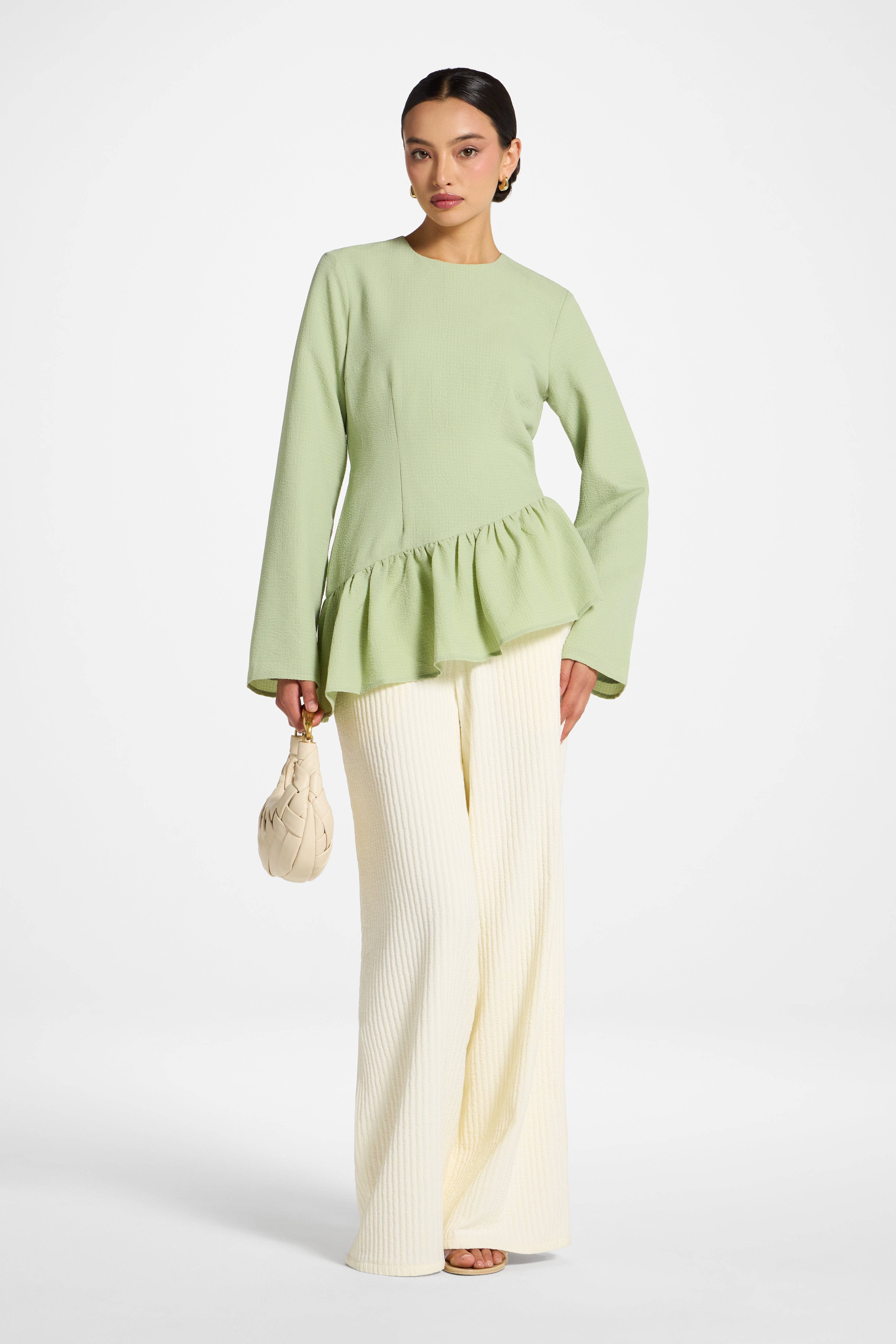 Asymmetric Textured Ruffle Top - Pistachio Abayas Veiled 