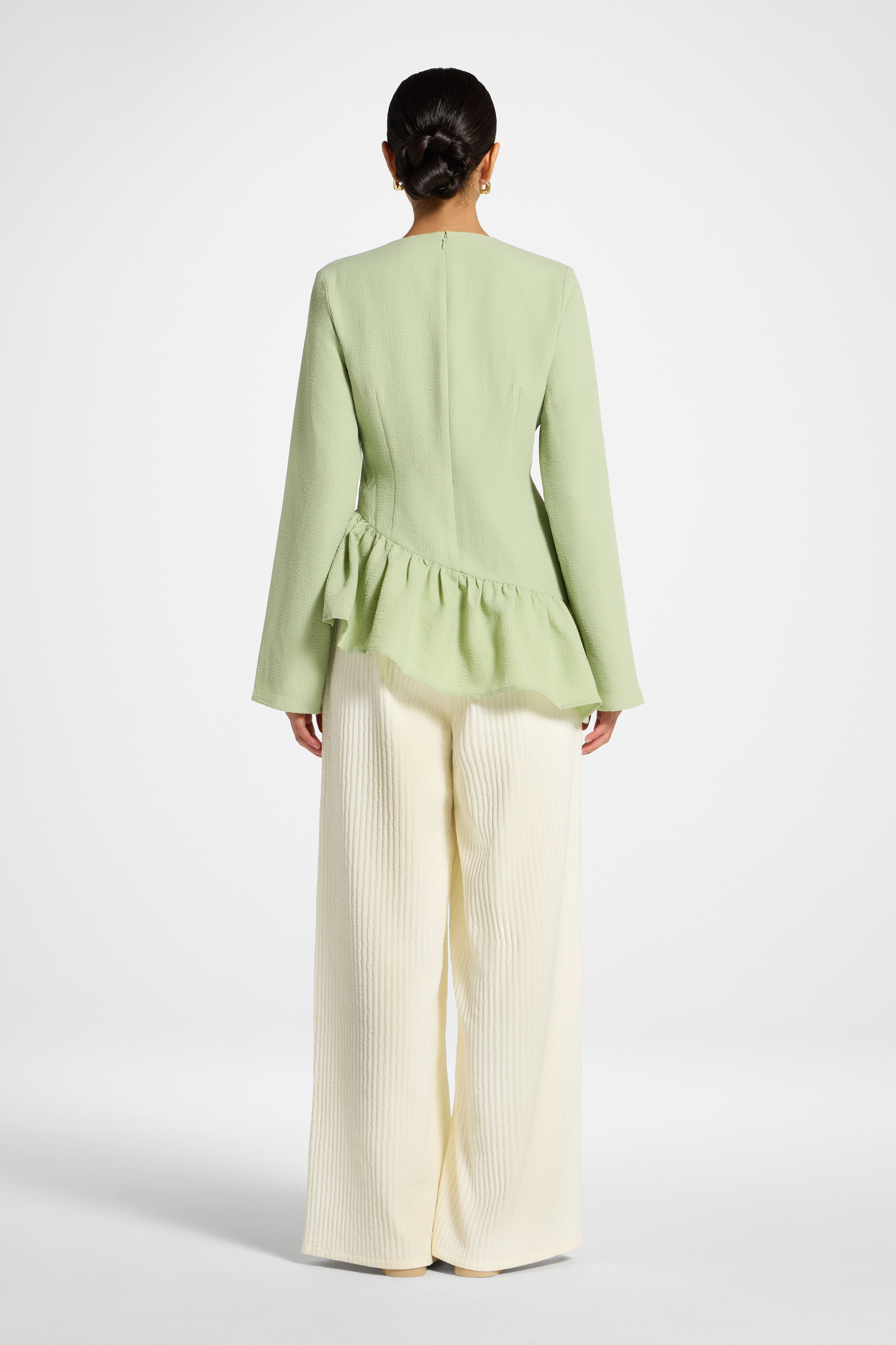 Asymmetric Textured Ruffle Top - Pistachio Abayas Veiled 