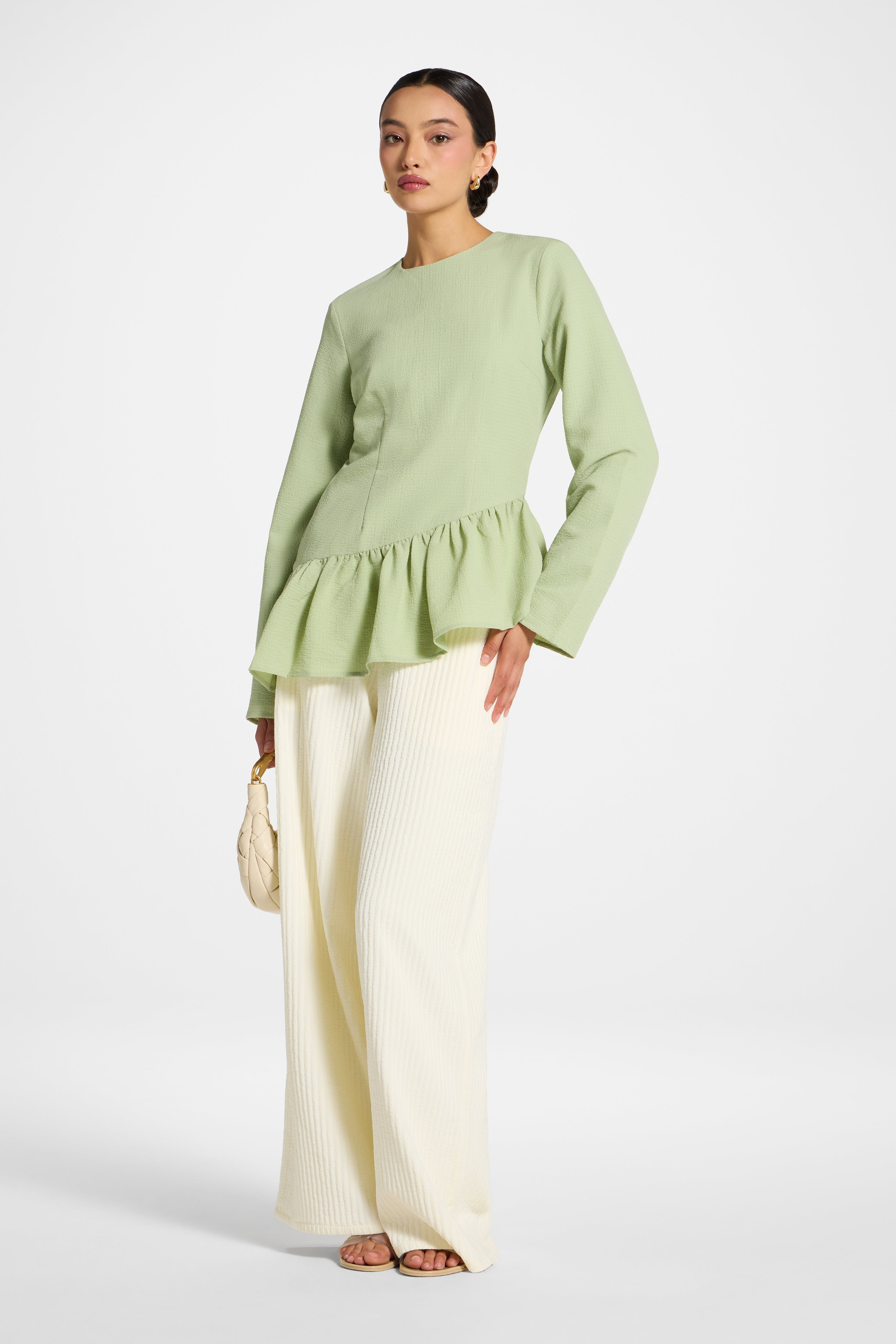 Asymmetric Textured Ruffle Top - Pistachio Abayas Veiled 