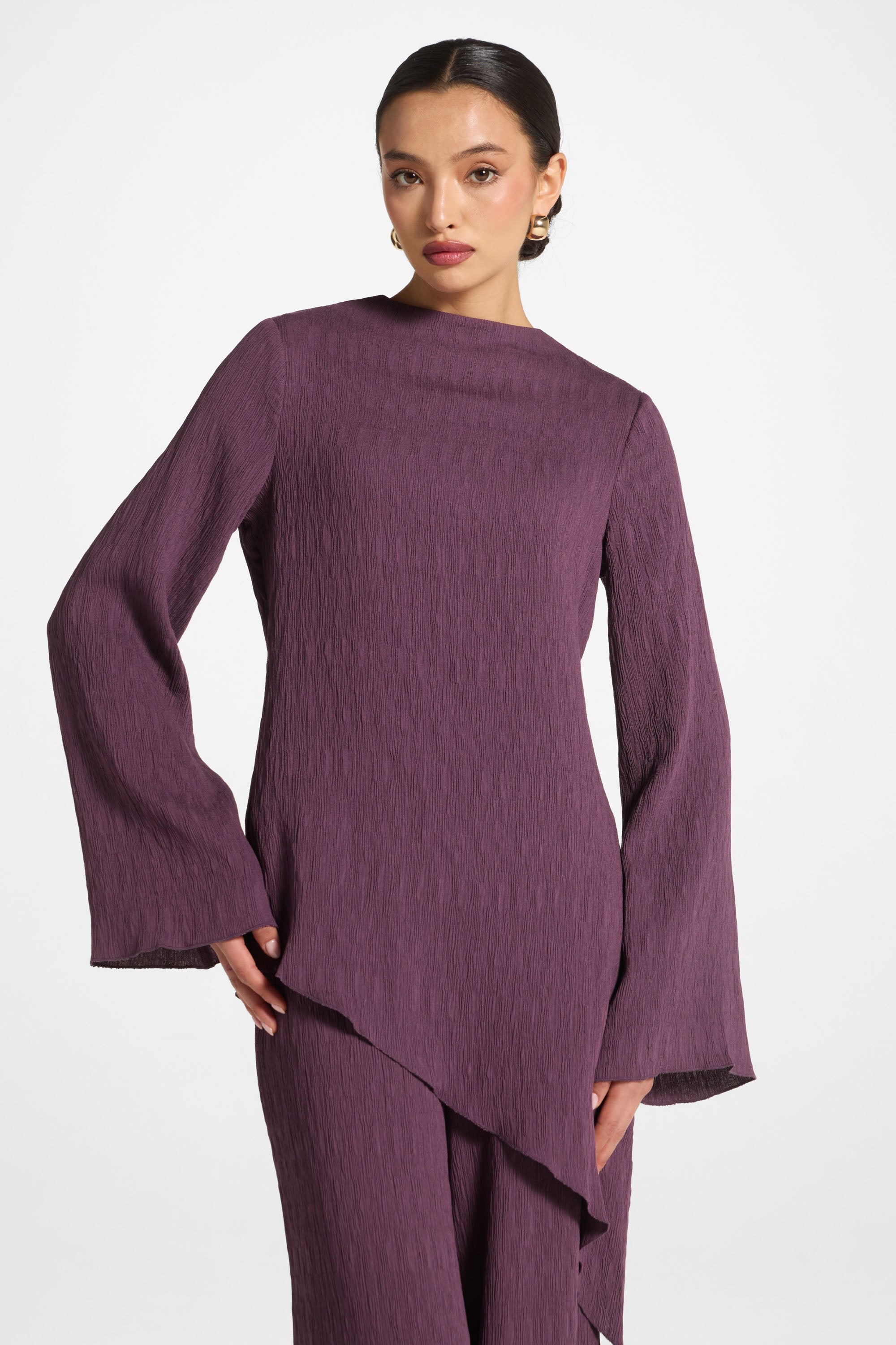 Asymmetric Textured Top - Plum Abayas Veiled 