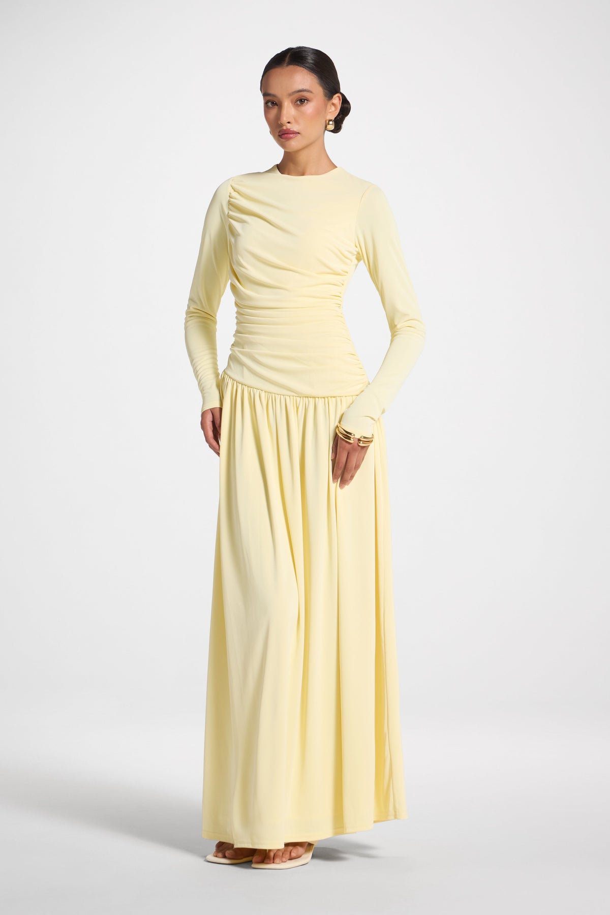 Asymmetrical Waist Rouched Maxi Dress - Anise Flower Abayas Veiled 