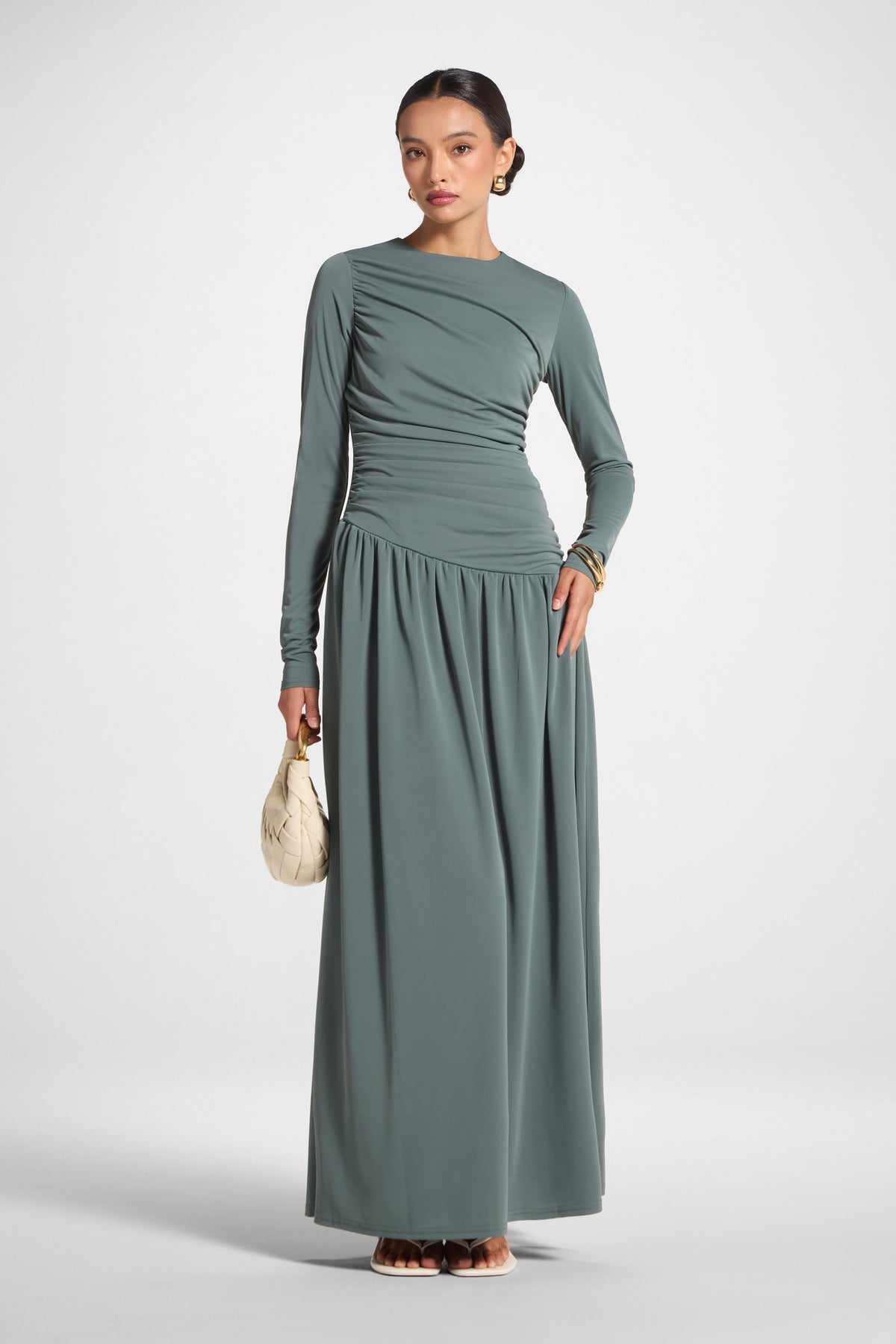 Asymmetrical Waist Rouched Maxi Dress - Balsam Green Abayas Veiled 