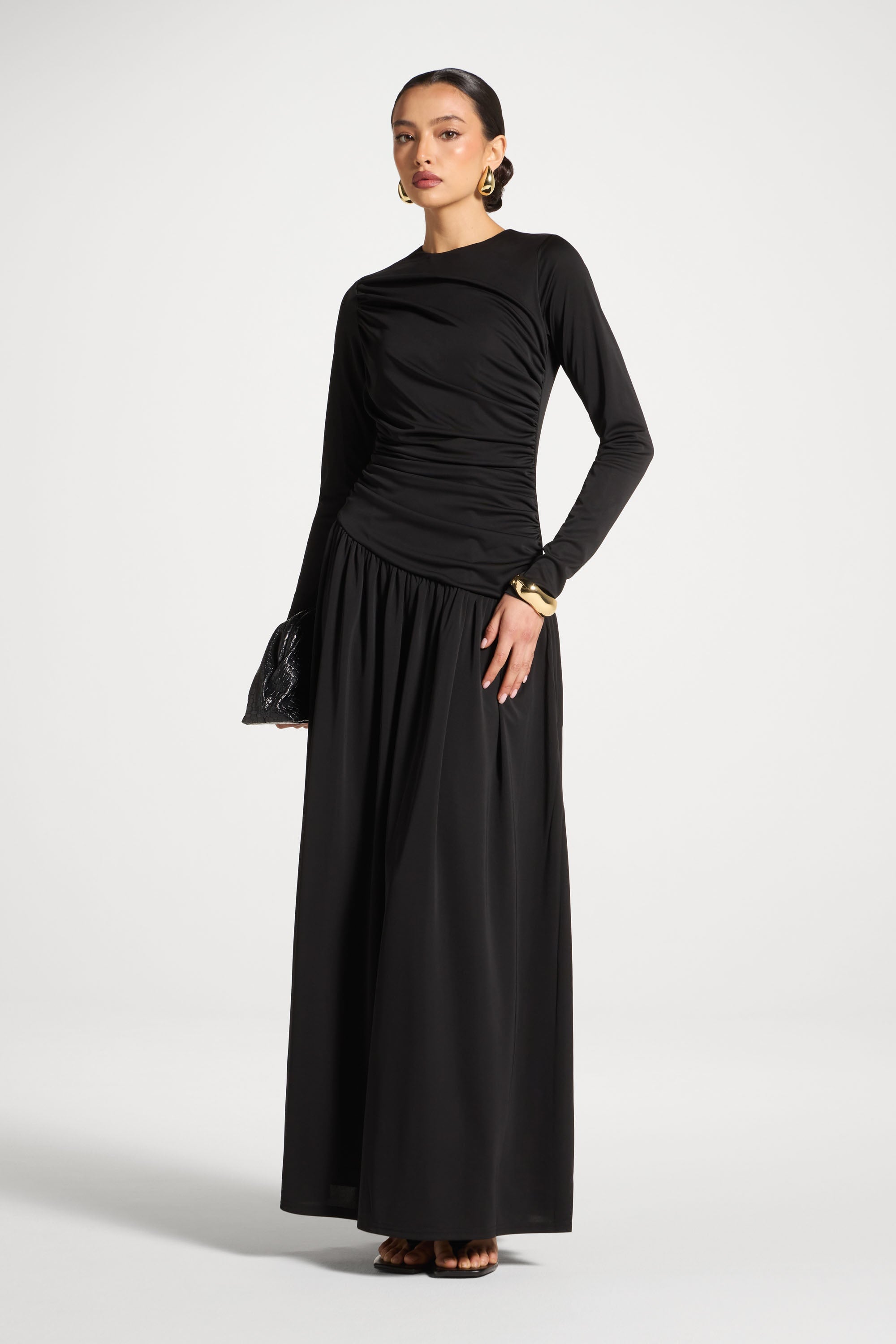 Asymmetrical Waist Rouched Maxi Dress - Black Abayas Veiled 