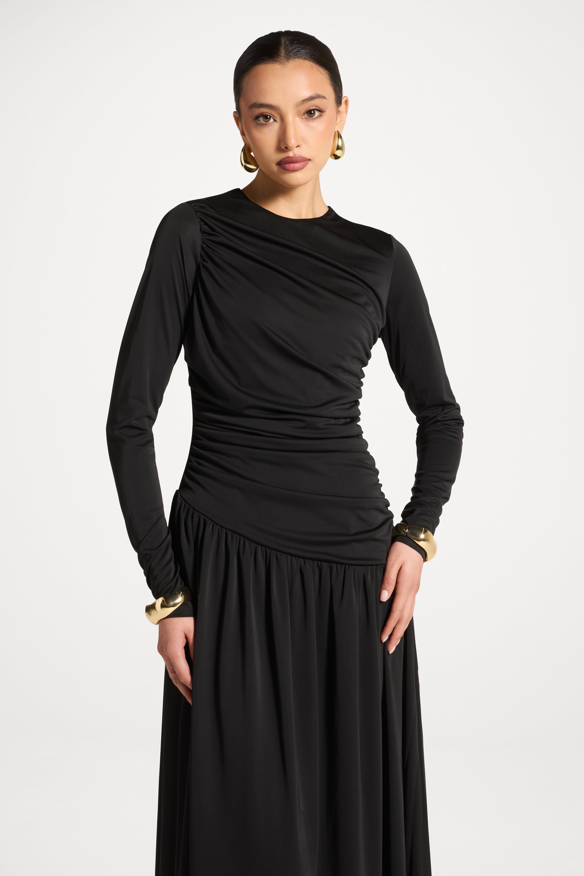 Asymmetrical Waist Rouched Maxi Dress - Black Abayas Veiled 