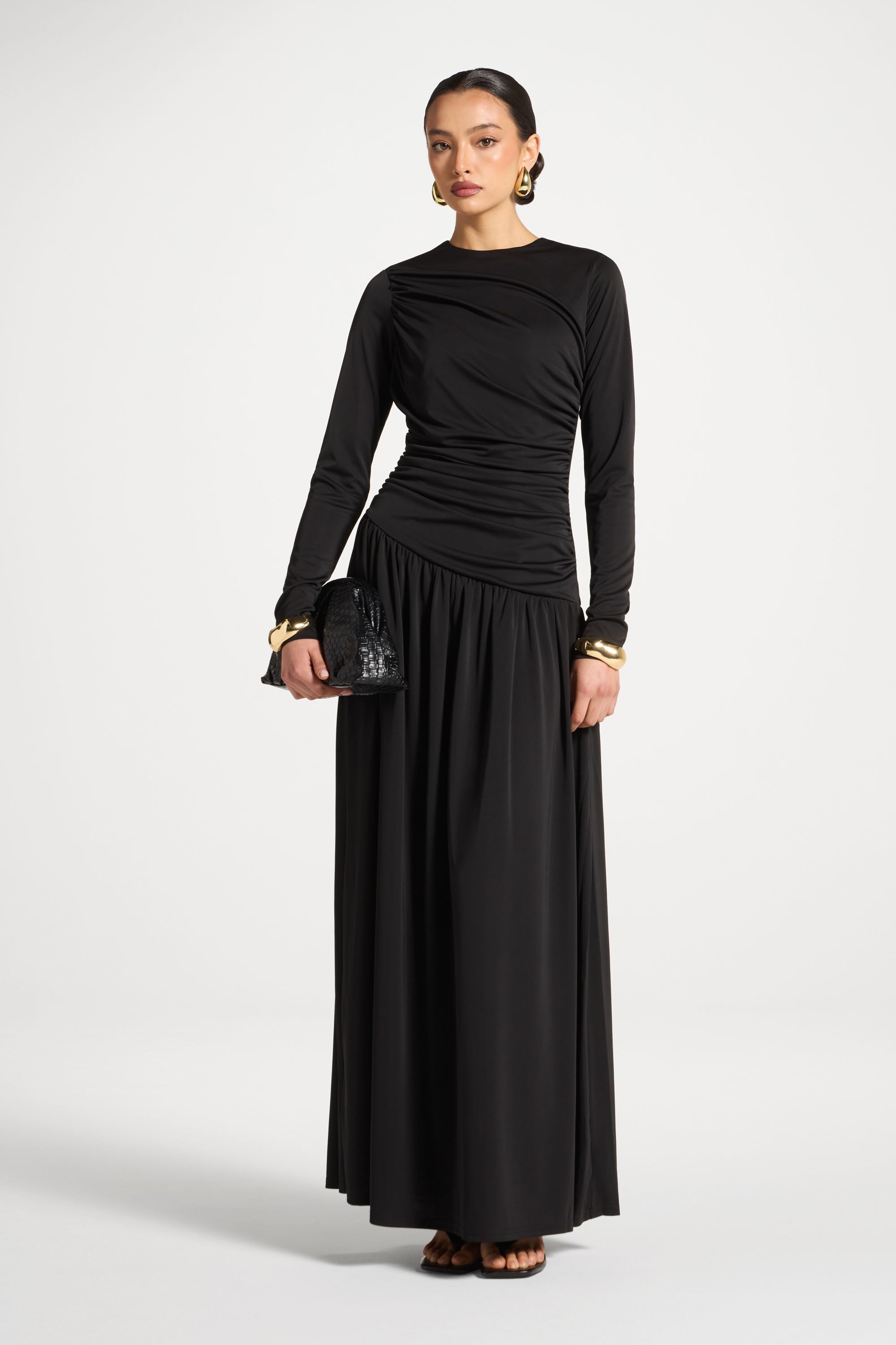 Asymmetrical Waist Rouched Maxi Dress - Black Abayas Veiled 