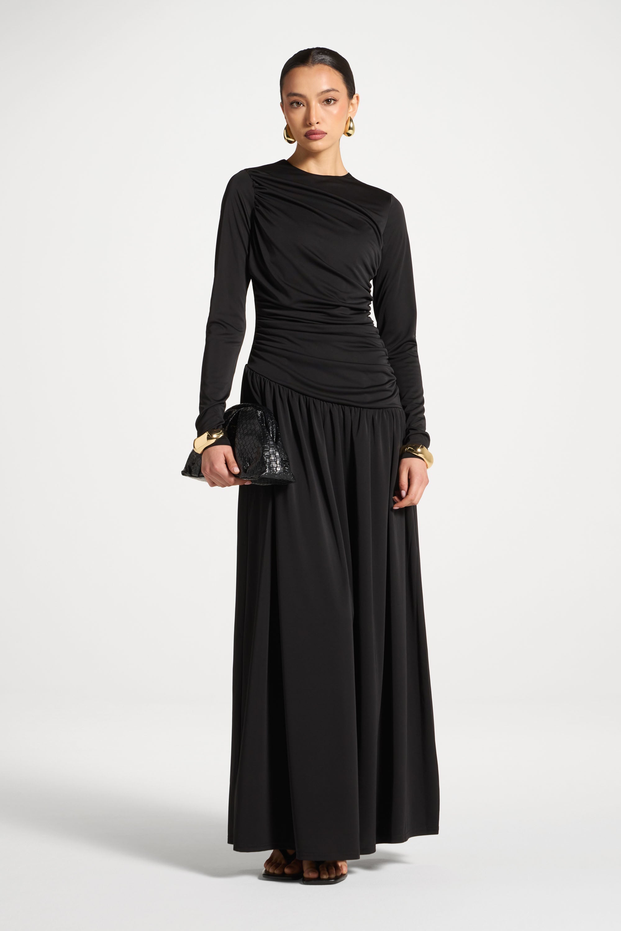 Asymmetrical Waist Rouched Maxi Dress - Black