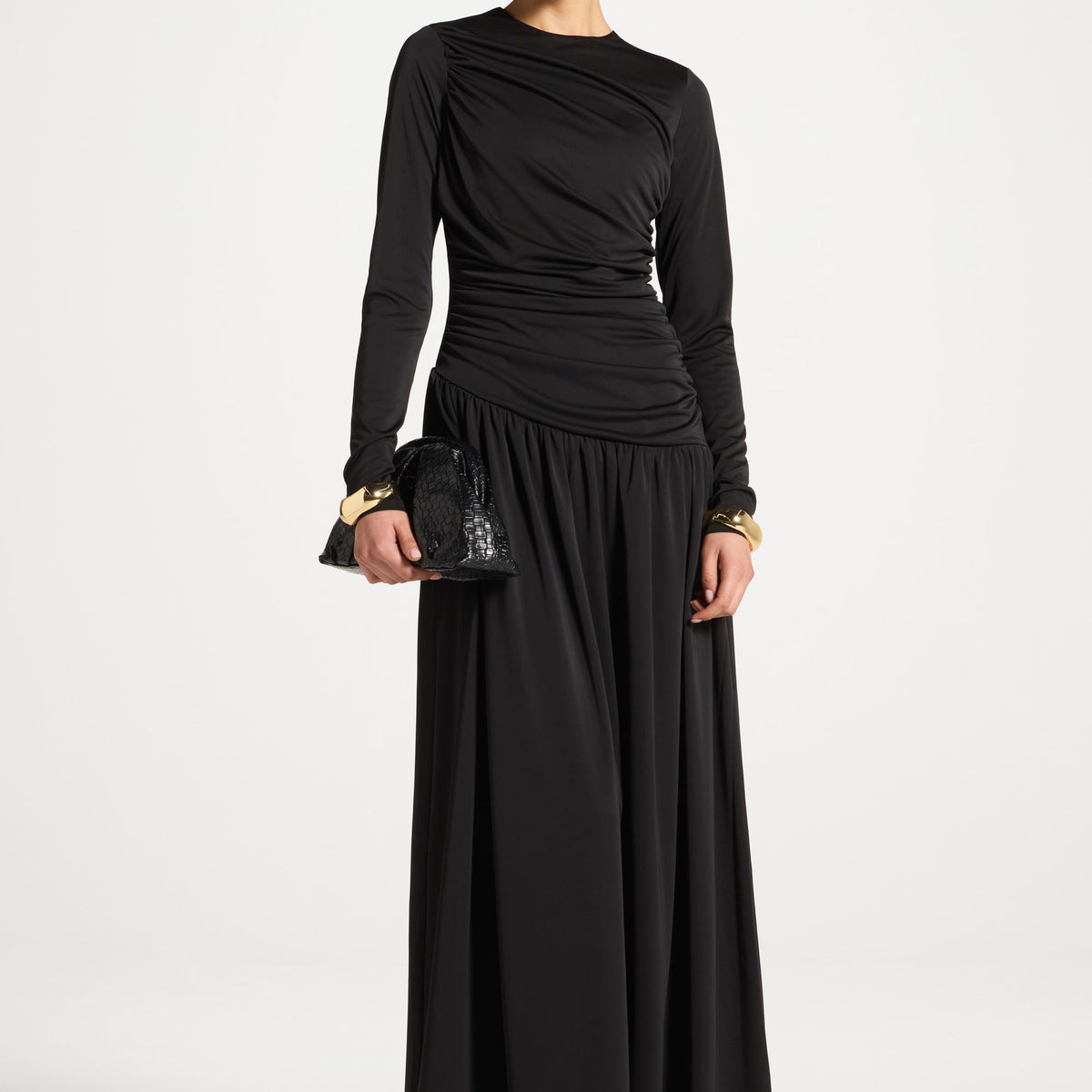 Asymmetrical Waist Rouched Maxi Dress - Black L / 52" Asymmetrical Waist Rouched Maxi Dress - Black L / 52"