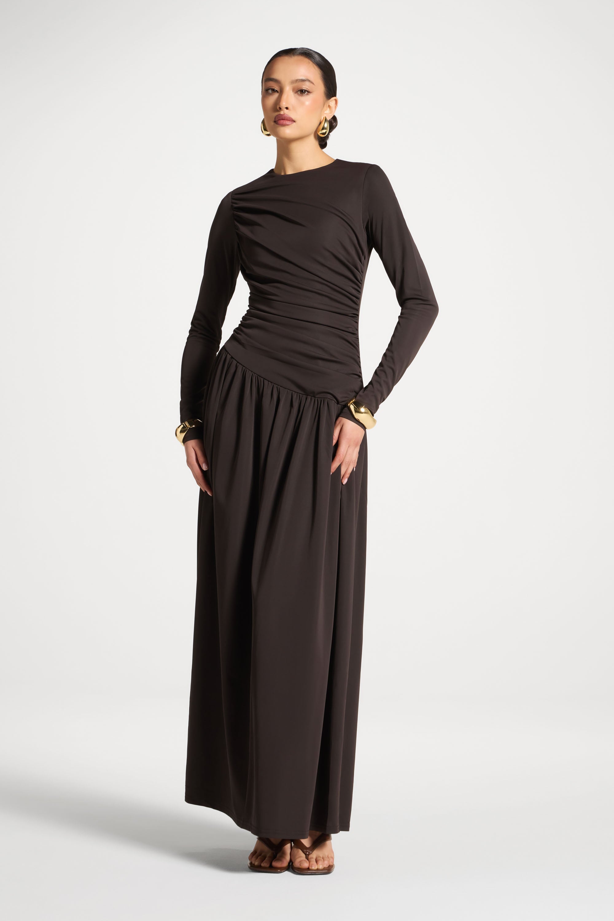 Asymmetrical Waist Rouched Maxi Dress - Chocolate Abayas Veiled 