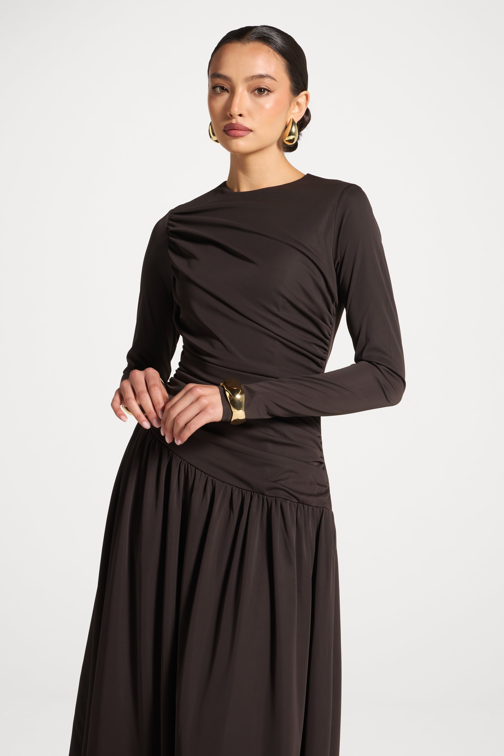 Asymmetrical Waist Rouched Maxi Dress - Chocolate Abayas Veiled 