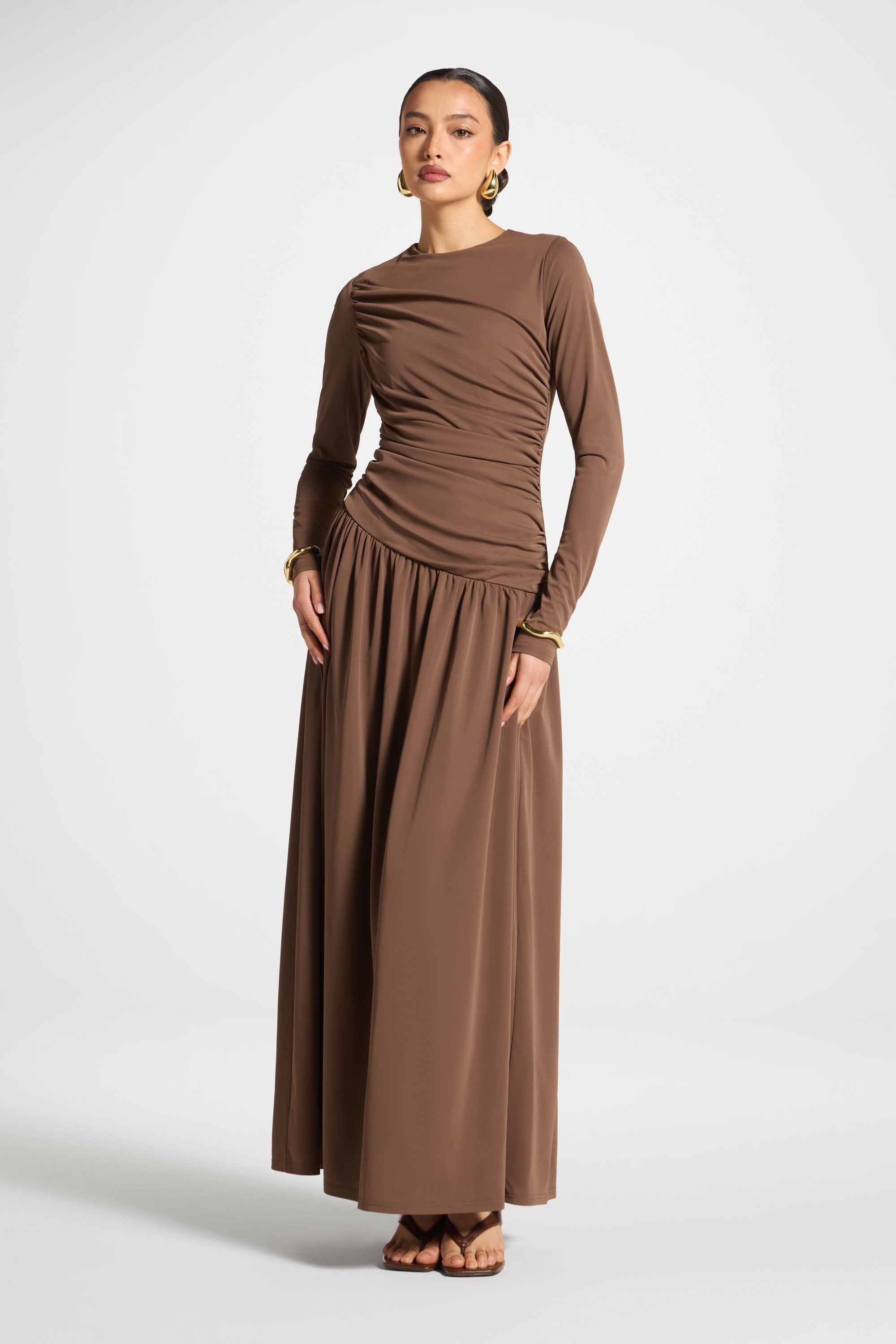 Asymmetrical Waist Rouched Maxi Dress - Coffee Quartz Abayas Veiled 