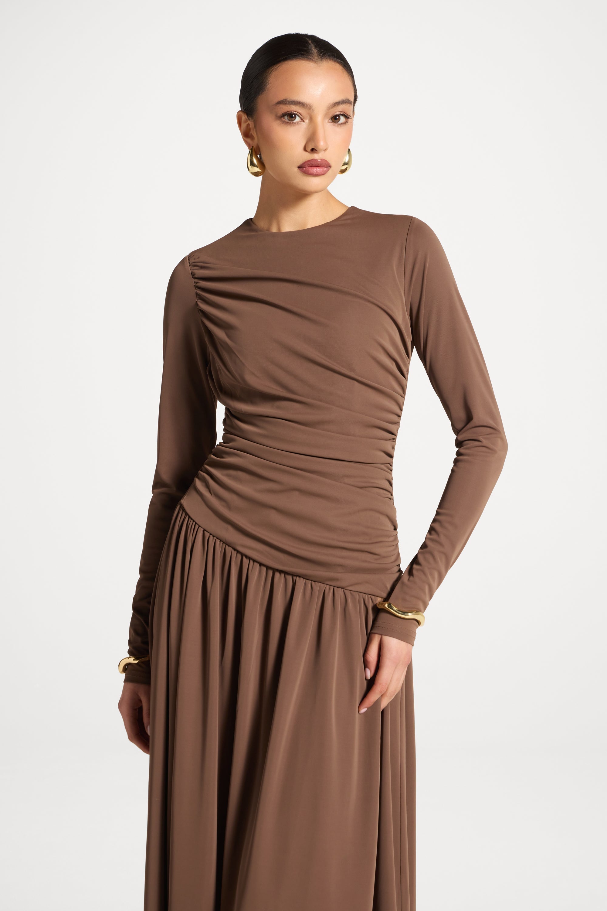 Asymmetrical Waist Rouched Maxi Dress - Coffee Quartz Abayas Veiled 