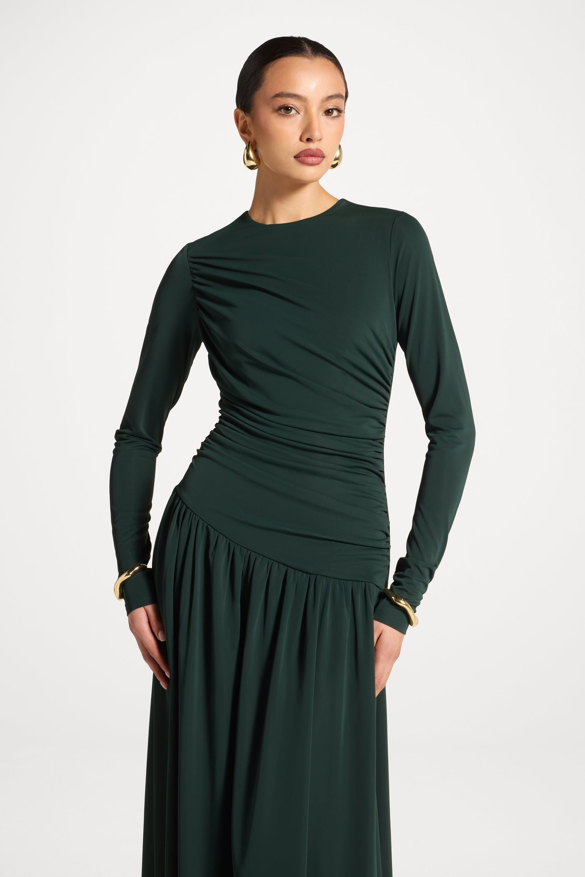 Asymmetrical Waist Rouched Maxi Dress - Emerald Abayas Veiled 