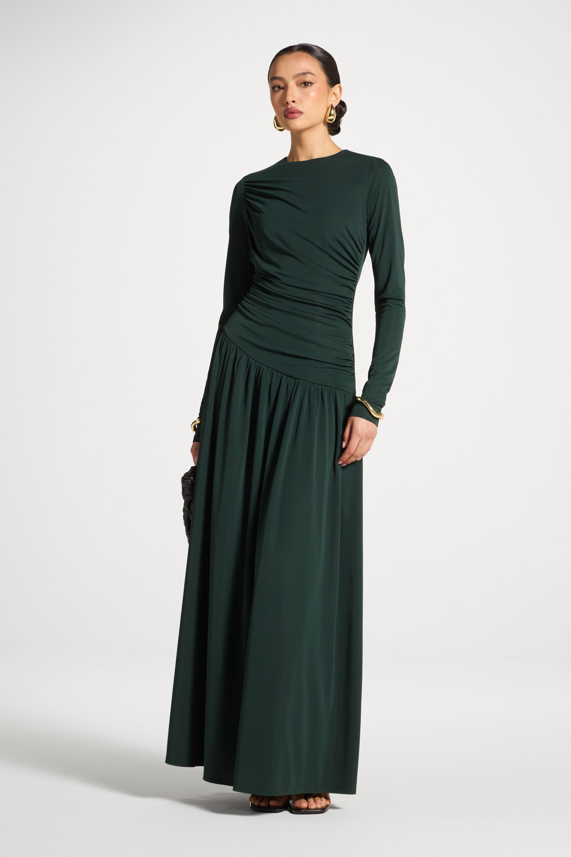 Asymmetrical Waist Rouched Maxi Dress - Emerald Abayas Veiled 