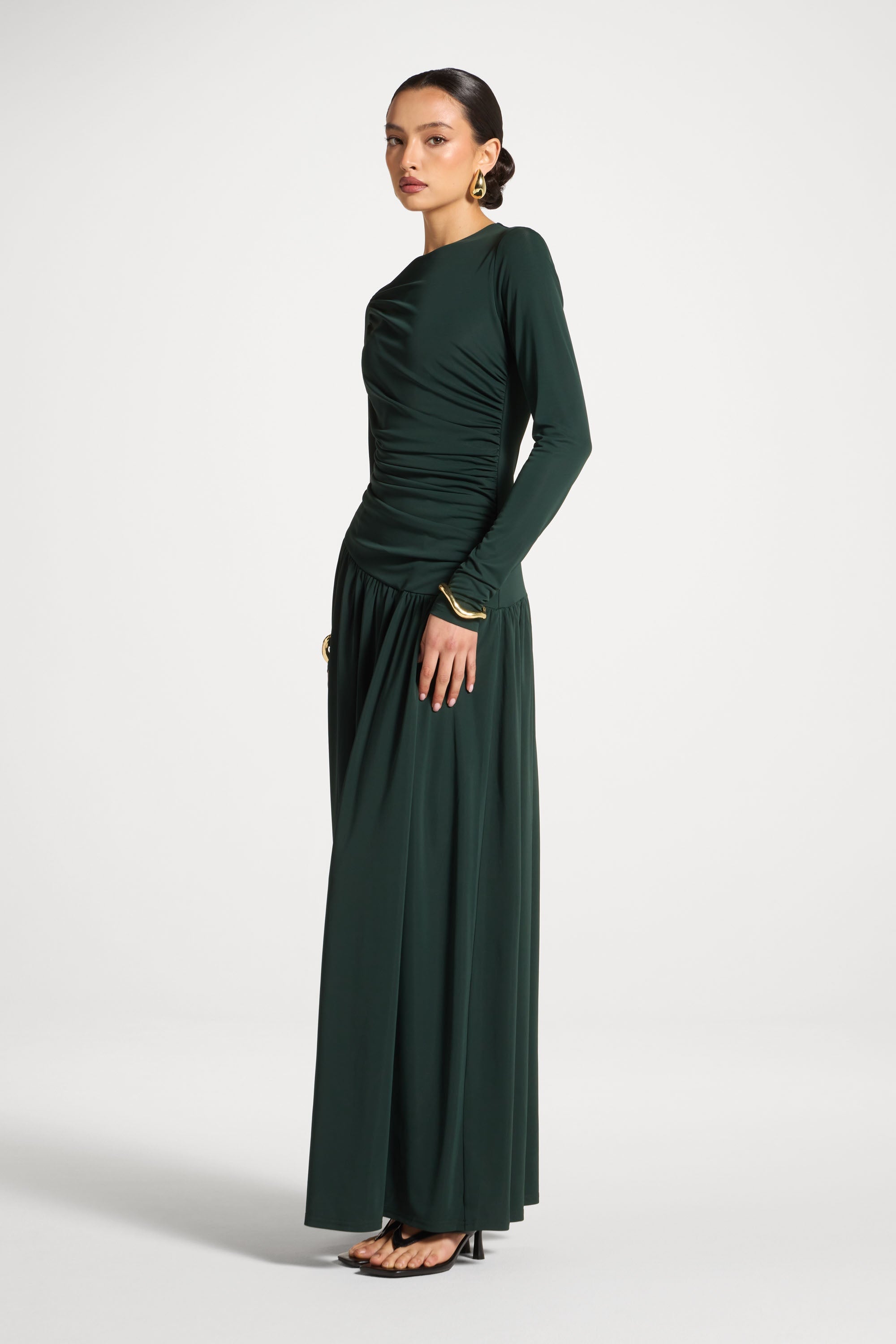 Asymmetrical Waist Rouched Maxi Dress - Emerald Abayas Veiled 