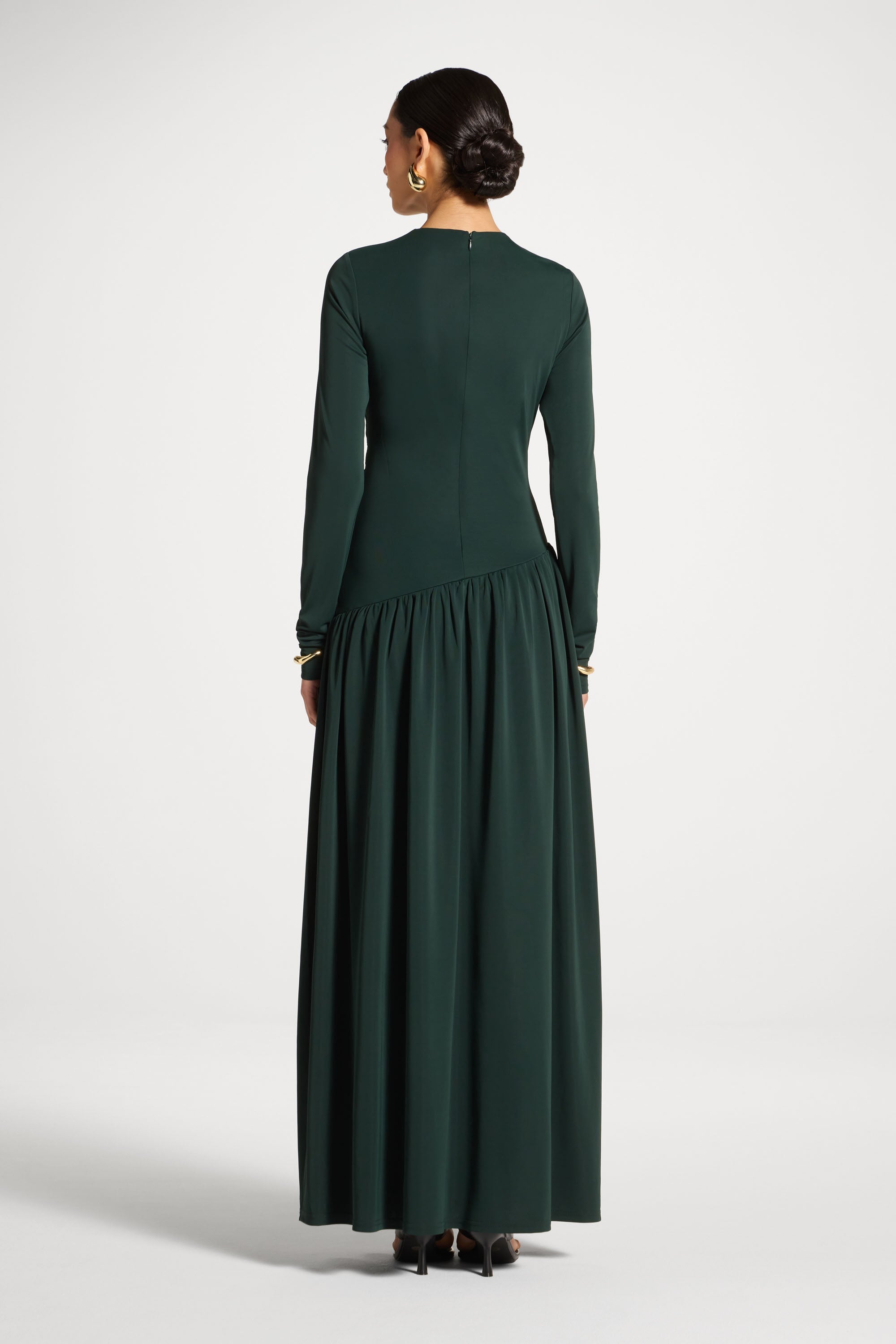 Asymmetrical Waist Rouched Maxi Dress - Emerald Abayas Veiled 