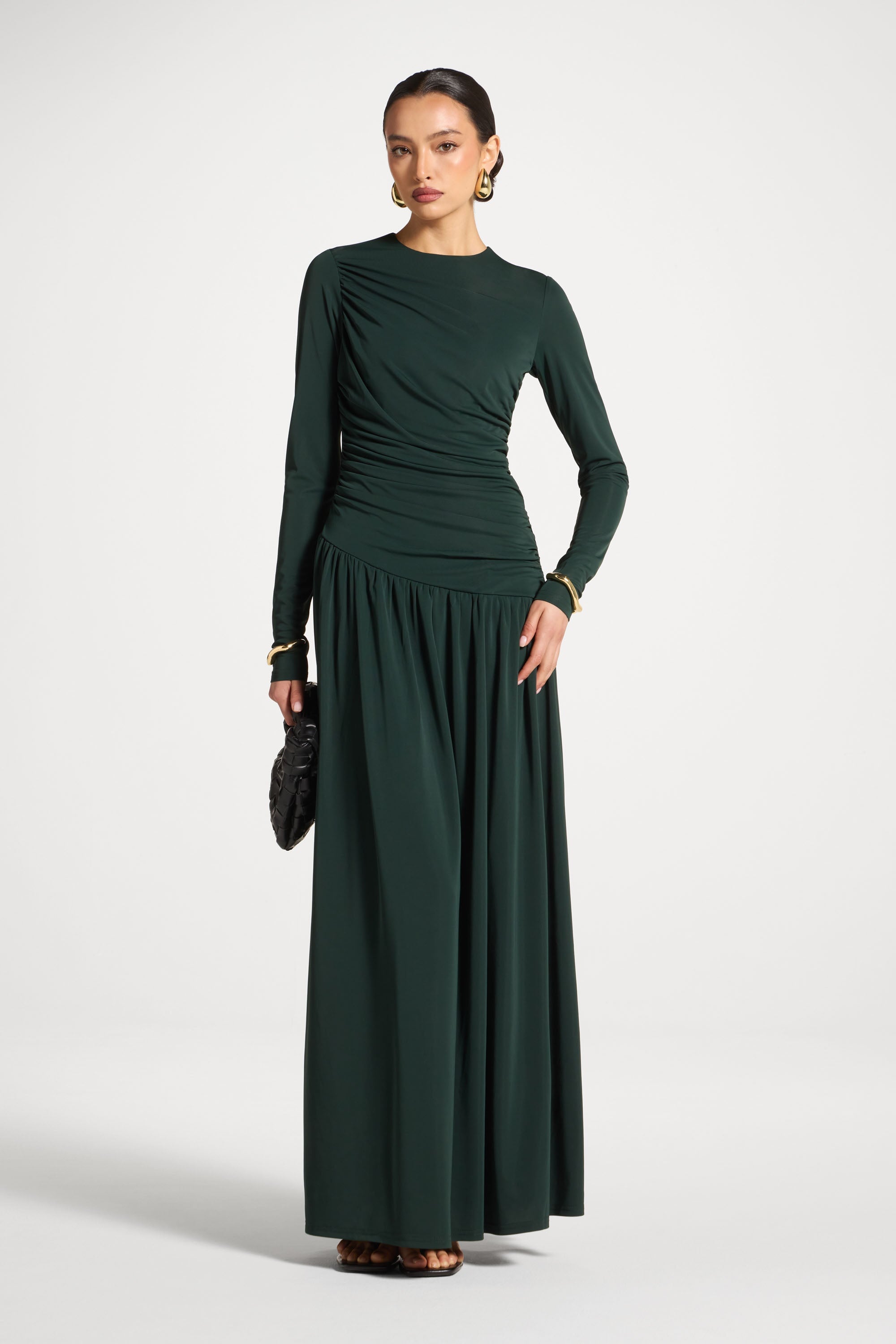 Asymmetrical Waist Rouched Maxi Dress - Emerald