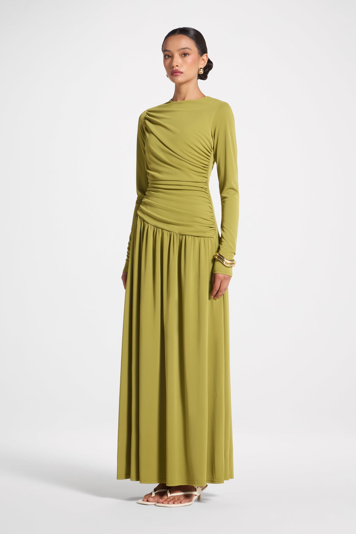 Asymmetrical Waist Rouched Maxi Dress - Evergreen Abayas Veiled 